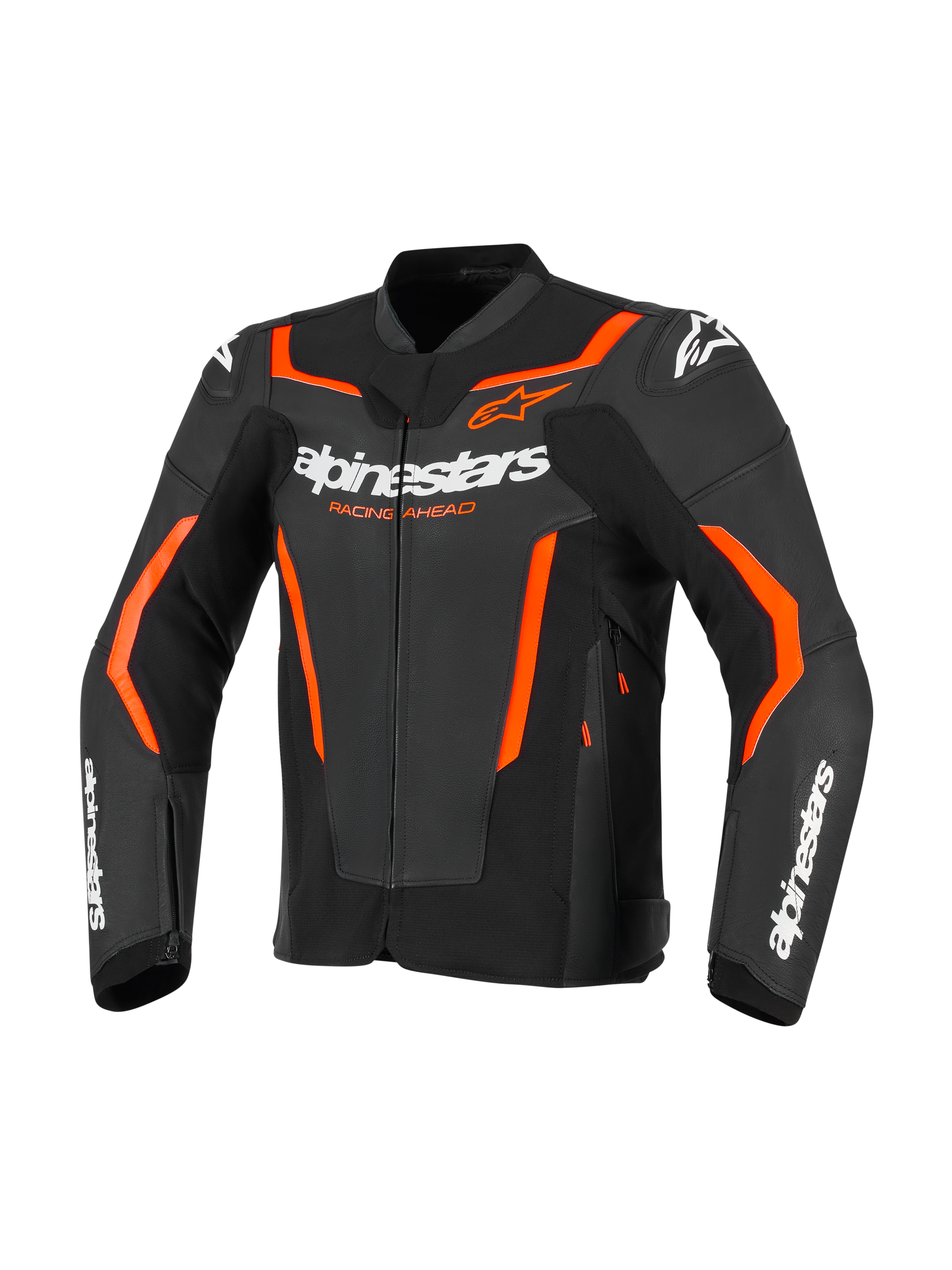 Giacca in pelle Alpinestars GP Force V2, giacca moto sportiva, nero e rosso fluo, con branding Alpinestars bianco e vivaci accenti rosso arancio, costruzione professionale in pelle con design sport-fit