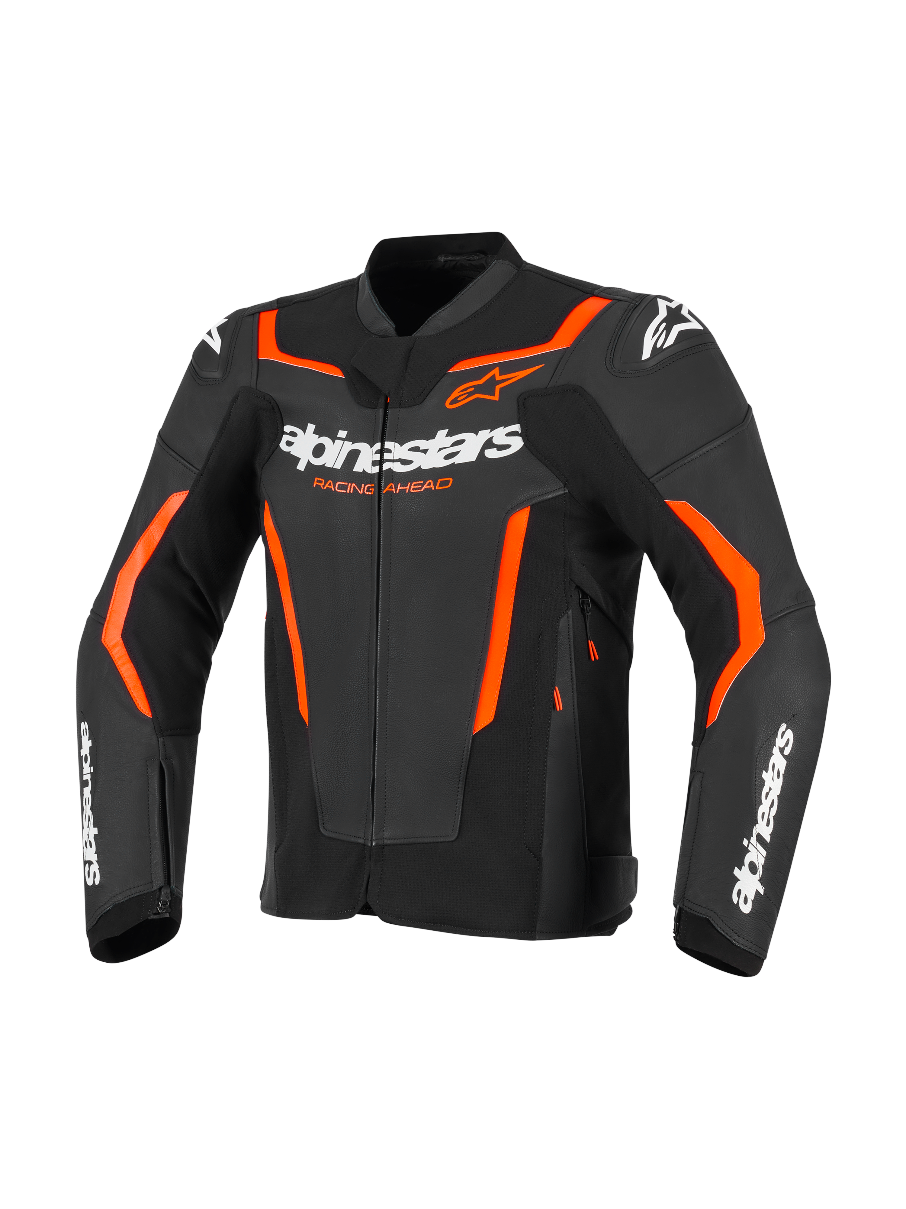 Giacca in pelle Alpinestars GP Force V2, giacca moto sportiva, nero e rosso fluo, con branding Alpinestars bianco e vivaci accenti rosso arancio, costruzione professionale in pelle con design sport-fit