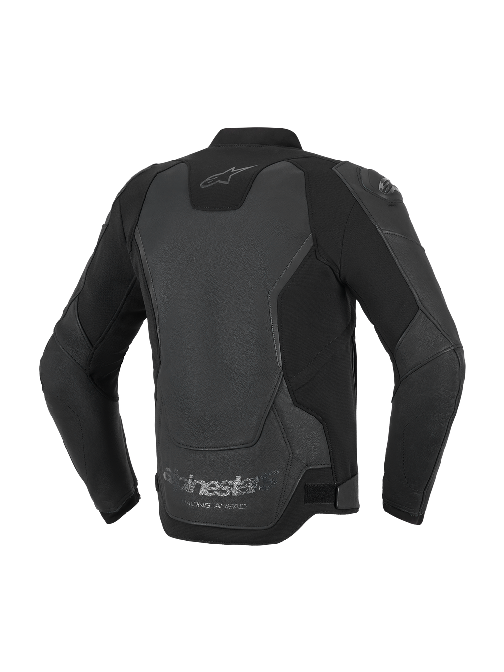 Alpinestars GP Force V2 Leather Jacket, giacca da moto, nero, vista posteriore con costruzione multi-pannello in pelle e tessuto, logo Alpinestars sul collo e scritta 'Racing Ahead' sul bordo inferiore