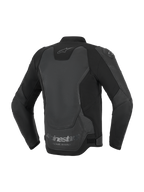 Alpinestars GP Force V2 Leather Jacket, giacca da moto, nero, vista posteriore con costruzione multi-pannello in pelle e tessuto, logo Alpinestars sul collo e scritta 'Racing Ahead' sul bordo inferiore