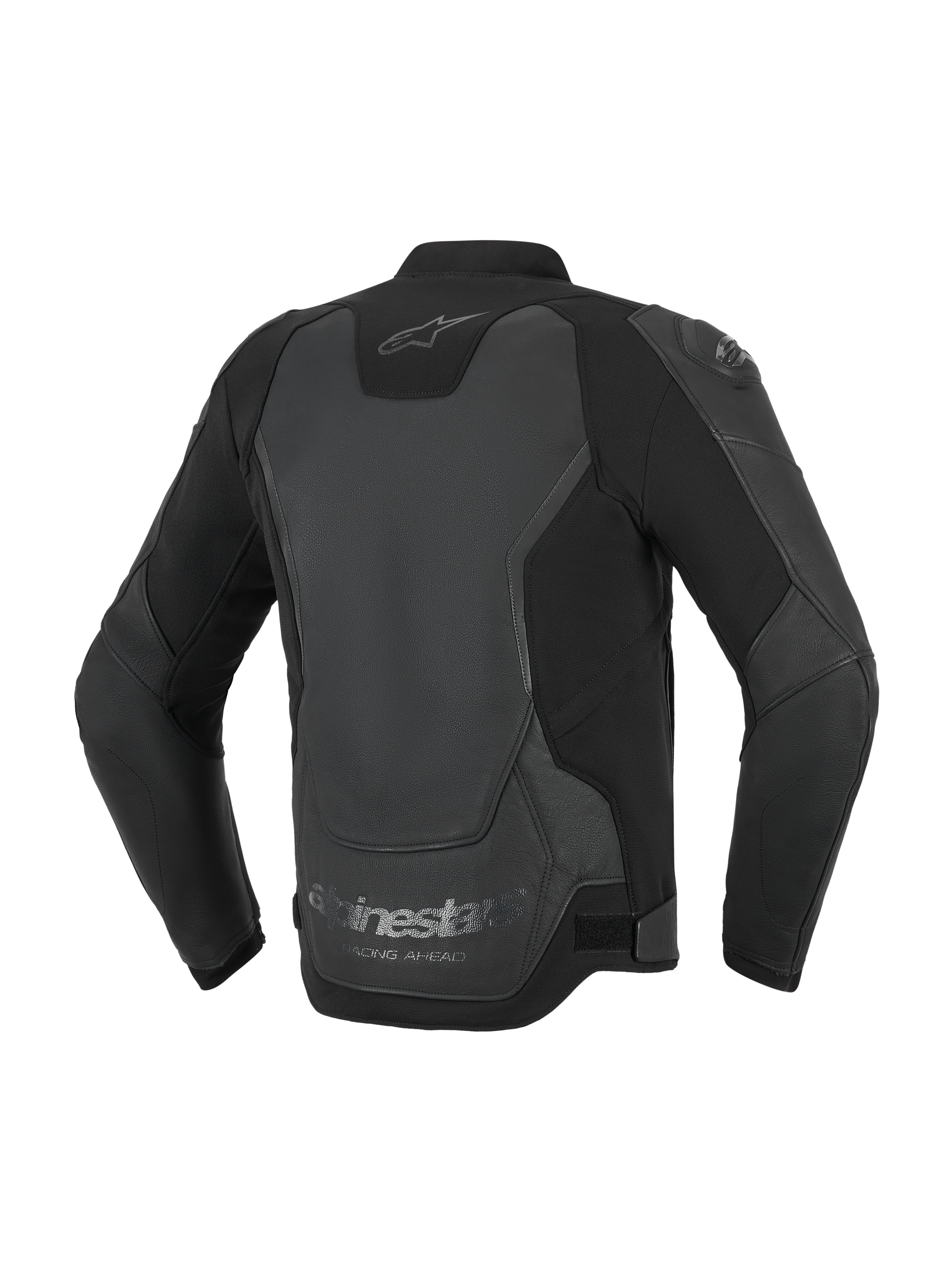 Alpinestars GP Force V2 Leather Jacket, giacca da moto, nero, vista posteriore con costruzione multi-pannello in pelle e tessuto, logo Alpinestars sul collo e scritta 'Racing Ahead' sul bordo inferiore