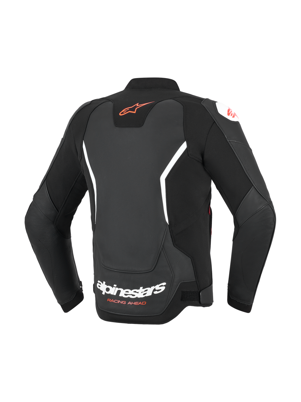 Alpinestars GP Force V2 Leather Jacket, giacca in pelle da moto, nera con dettagli bianchi e rossi, vista posteriore con logo Astar rosso sulla parte superiore e scritta Alpinestars bianca sulla parte inferiore, vestibilità sportiva con pannelli a soffietto