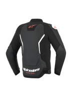 Alpinestars GP Force V2 Leather Jacket, giacca in pelle da moto, nera con dettagli bianchi e rossi, vista posteriore con logo Astar rosso sulla parte superiore e scritta Alpinestars bianca sulla parte inferiore, vestibilità sportiva con pannelli a soffietto