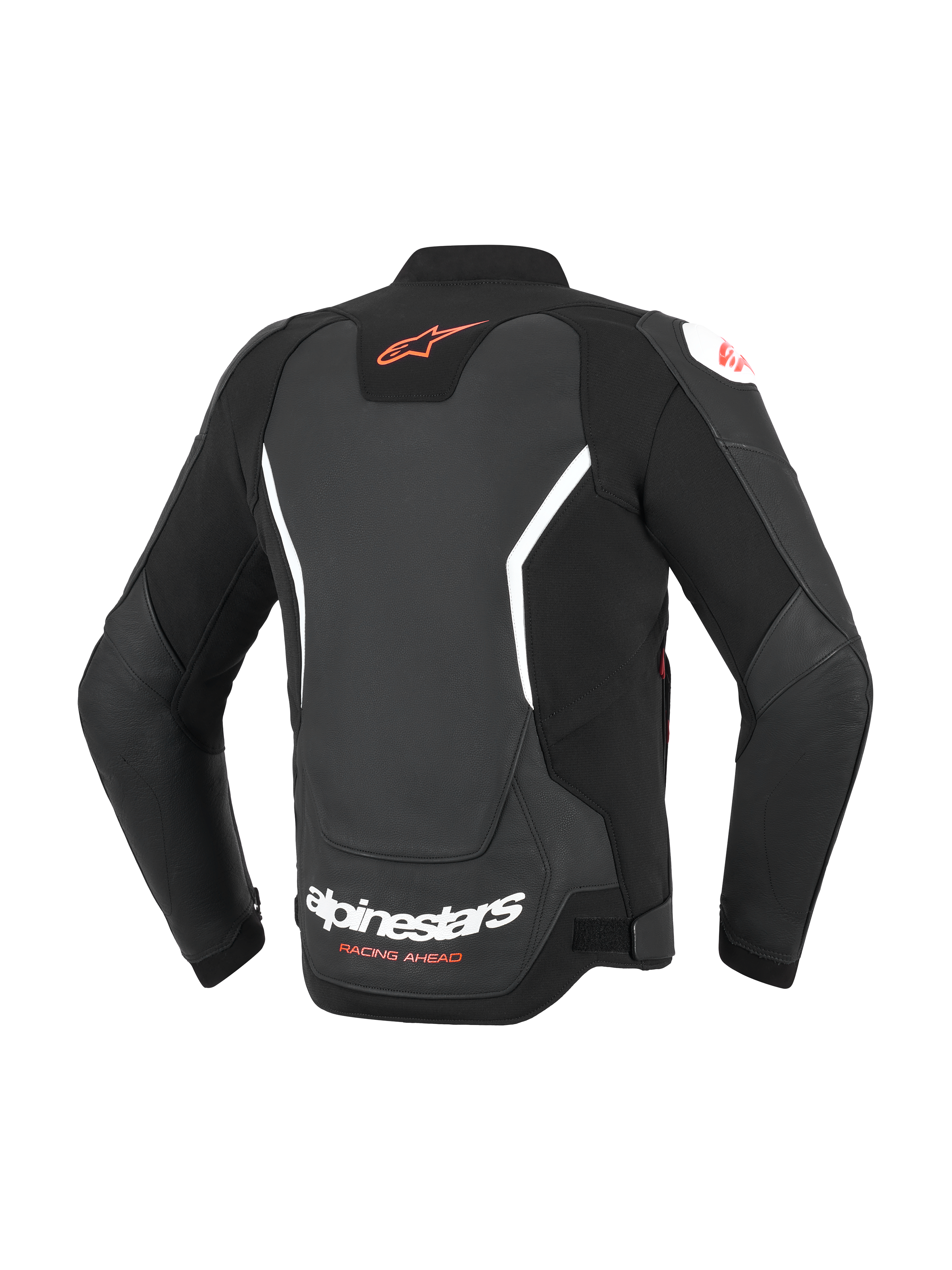 Alpinestars GP Force V2 Leather Jacket, giacca in pelle da moto, nera con dettagli bianchi e rossi, vista posteriore con logo Astar rosso sulla parte superiore e scritta Alpinestars bianca sulla parte inferiore, vestibilità sportiva con pannelli a soffietto