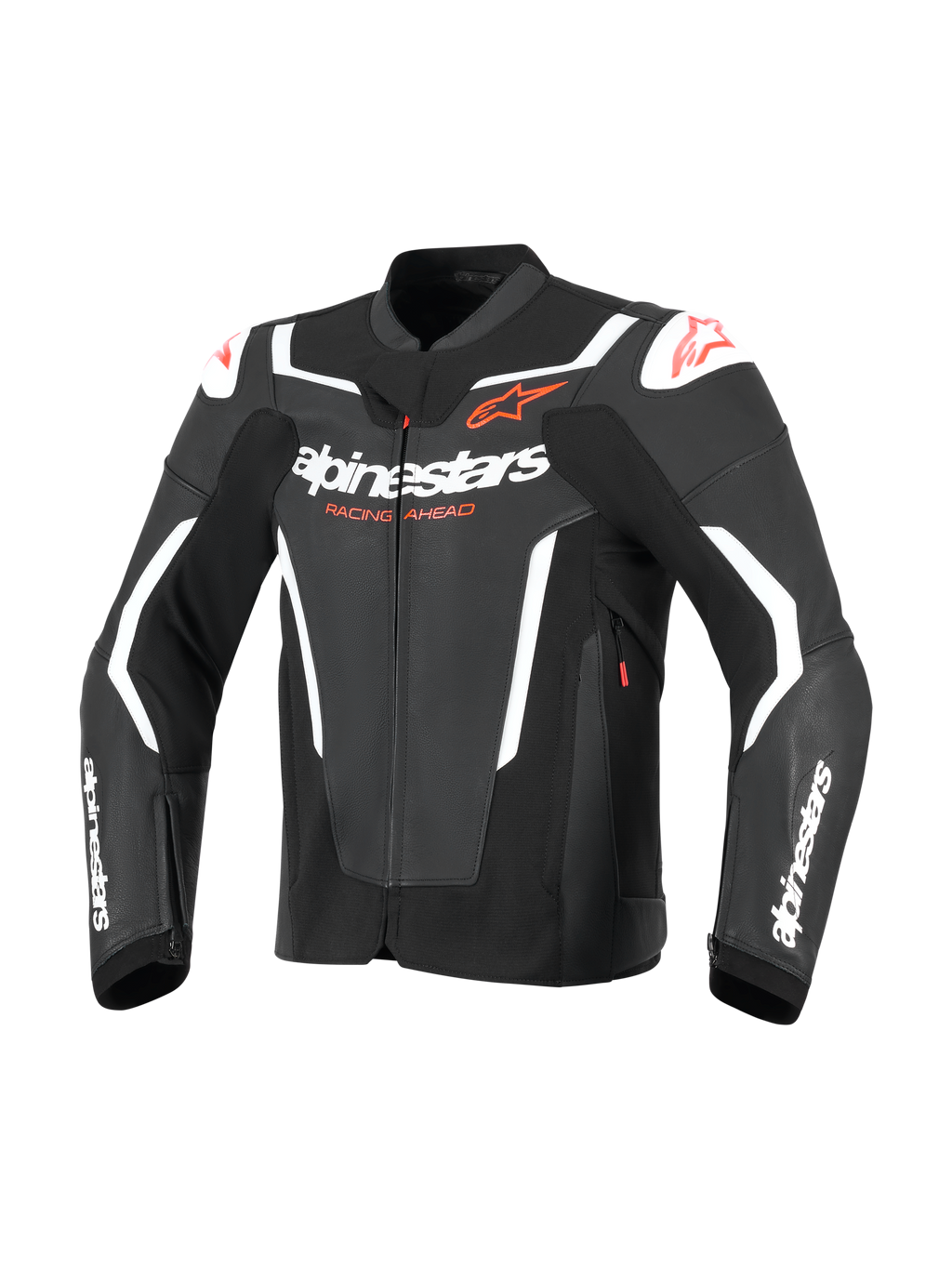 Giacca in pelle Alpinestars GP Force V2, giacca da moto sportiva, nera e bianca, caratterizzata da un vistoso branding Alpinestars bianco sul petto e sulle maniche, loghi a stella rossi e slider esterni sulle spalle, design professionale in pelle ispirato alle corse.