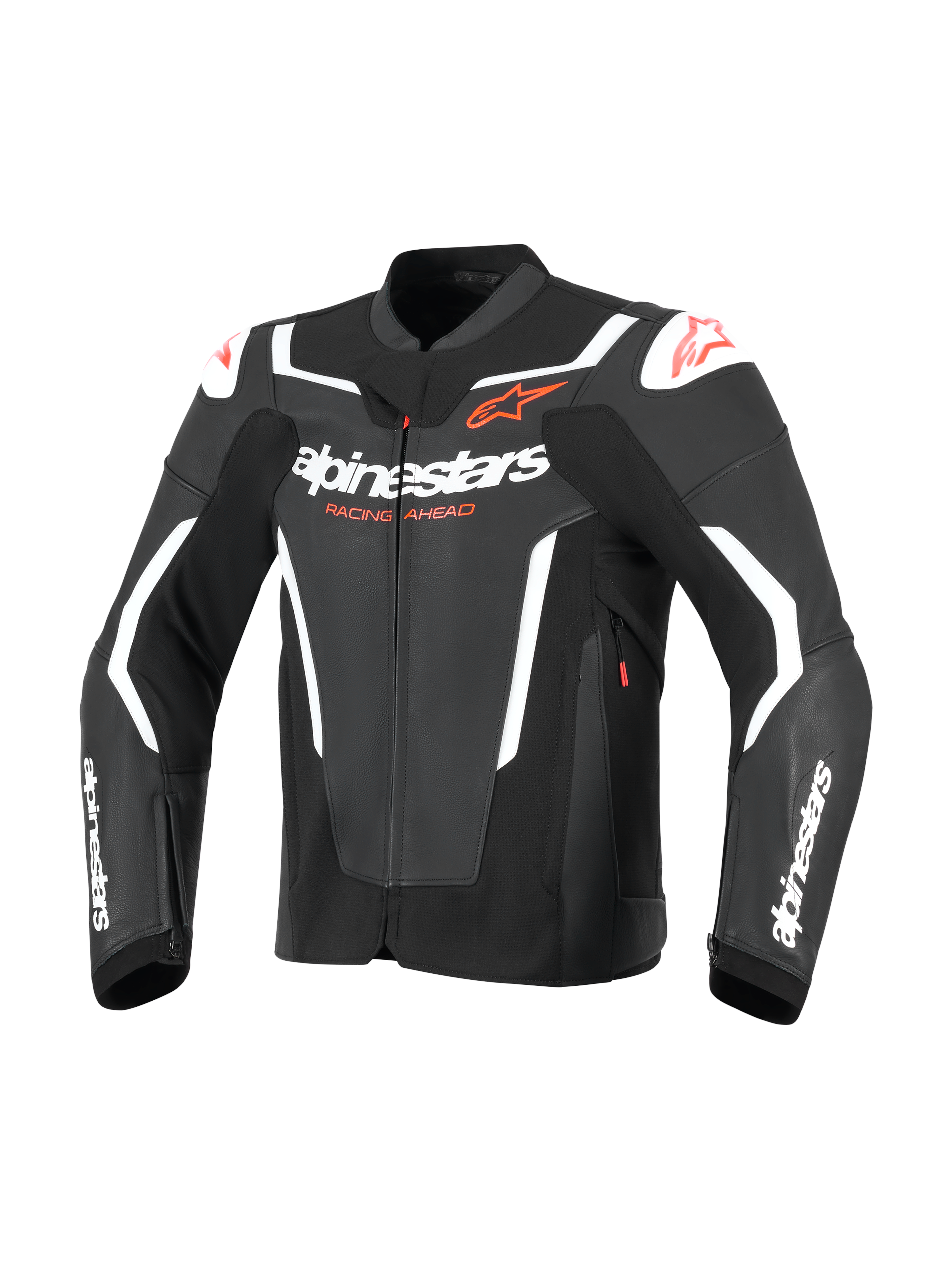 Giacca in pelle Alpinestars GP Force V2, giacca da moto sportiva, nera e bianca, caratterizzata da un vistoso branding Alpinestars bianco sul petto e sulle maniche, loghi a stella rossi e slider esterni sulle spalle, design professionale in pelle ispirato alle corse.