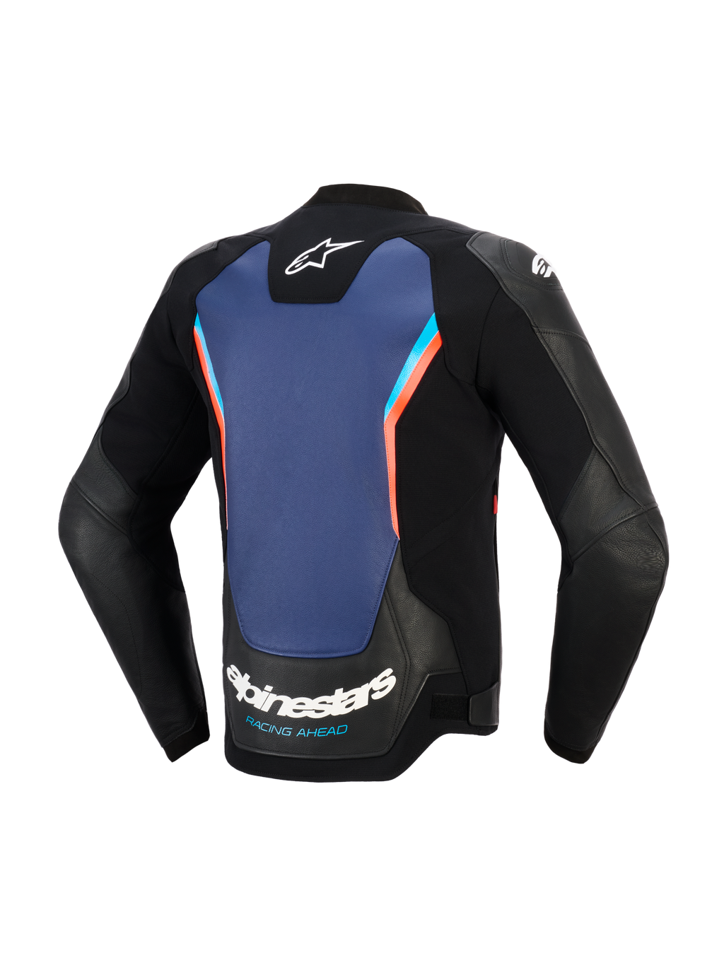Giacca in pelle Alpinestars GP Force V2, vista posteriore, pelle nera con ampio pannello centrale blu e accenti rosso fluo, con logo Alpinestars e scritta 'RACING AHEAD' sulla parte inferiore della schiena, abbigliamento sportivo per moto