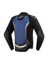 Giacca in pelle Alpinestars GP Force V2, vista posteriore, pelle nera con ampio pannello centrale blu e accenti rosso fluo, con logo Alpinestars e scritta 'RACING AHEAD' sulla parte inferiore della schiena, abbigliamento sportivo per moto
