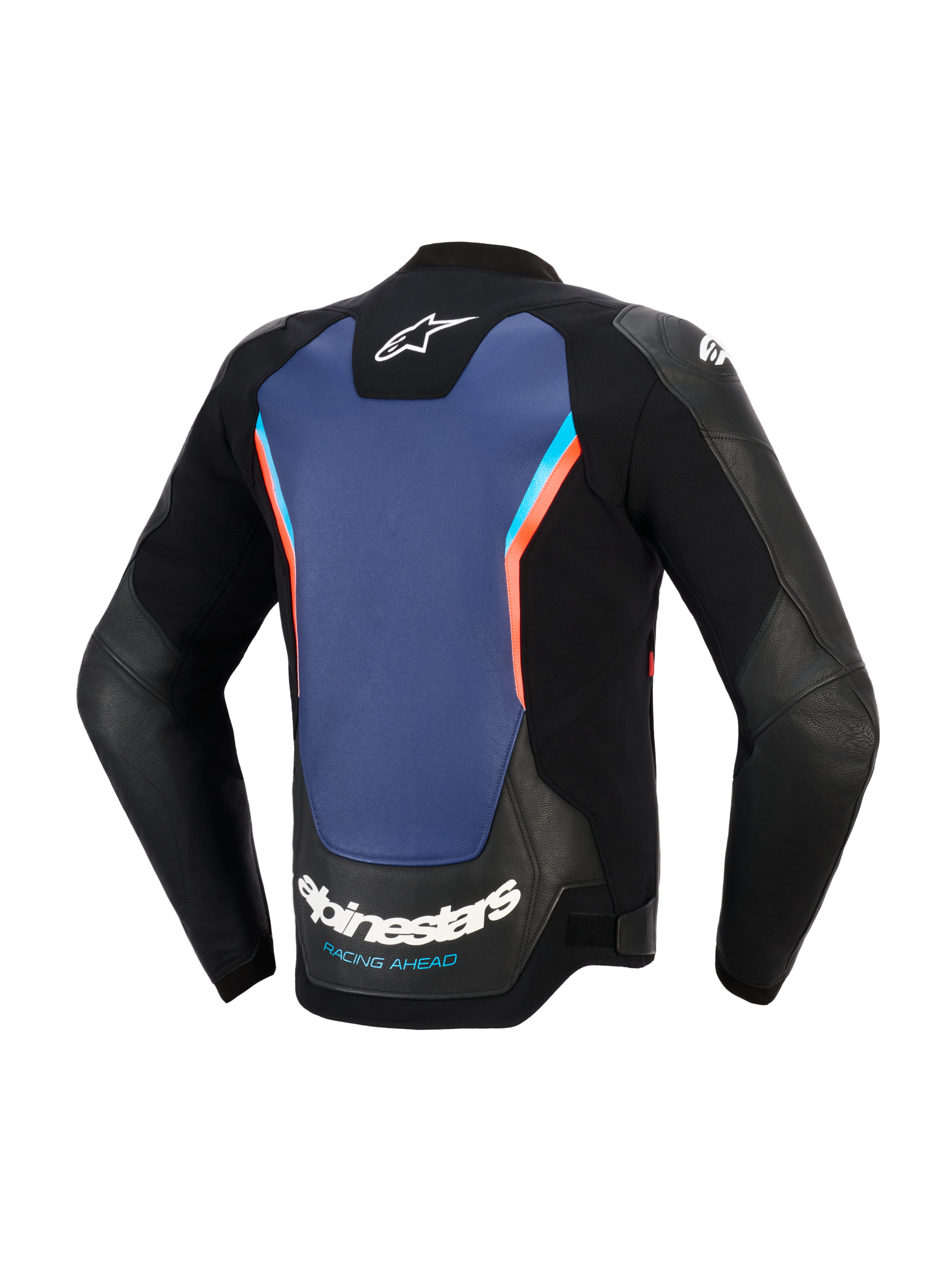 Giacca in pelle Alpinestars GP Force V2, vista posteriore, pelle nera con ampio pannello centrale blu e accenti rosso fluo, con logo Alpinestars e scritta 'RACING AHEAD' sulla parte inferiore della schiena, abbigliamento sportivo per moto