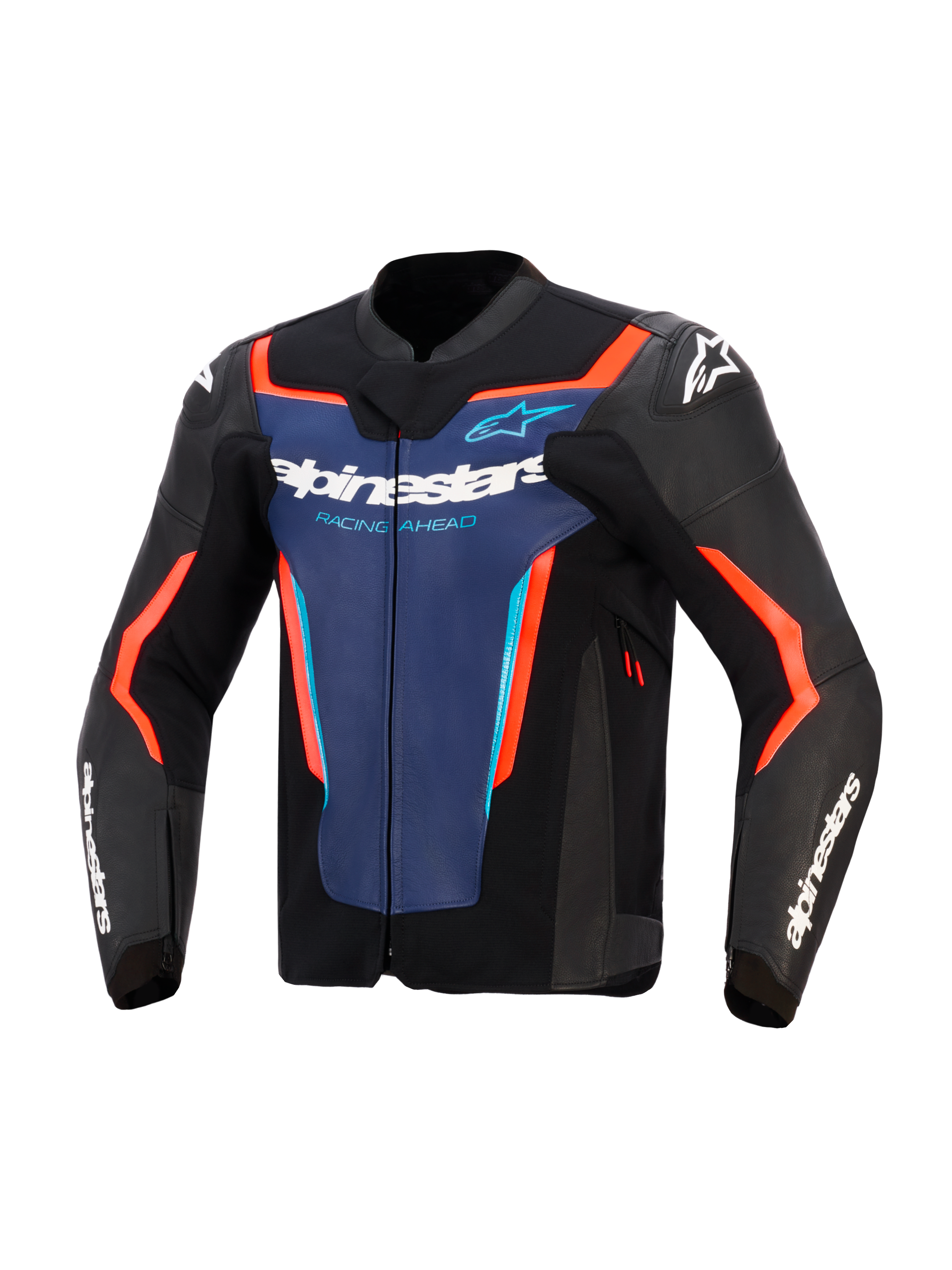 Giacca in pelle Alpinestars GP Force V2, nero, blu e rosso fluo, vista frontale con pannello blu sul petto, marchi 'Alpinestars' e 'Racing Ahead' bianchi, accenti arancione-rosso neon e loghi bianchi su spalle e maniche, progettata per la guida sportiva.