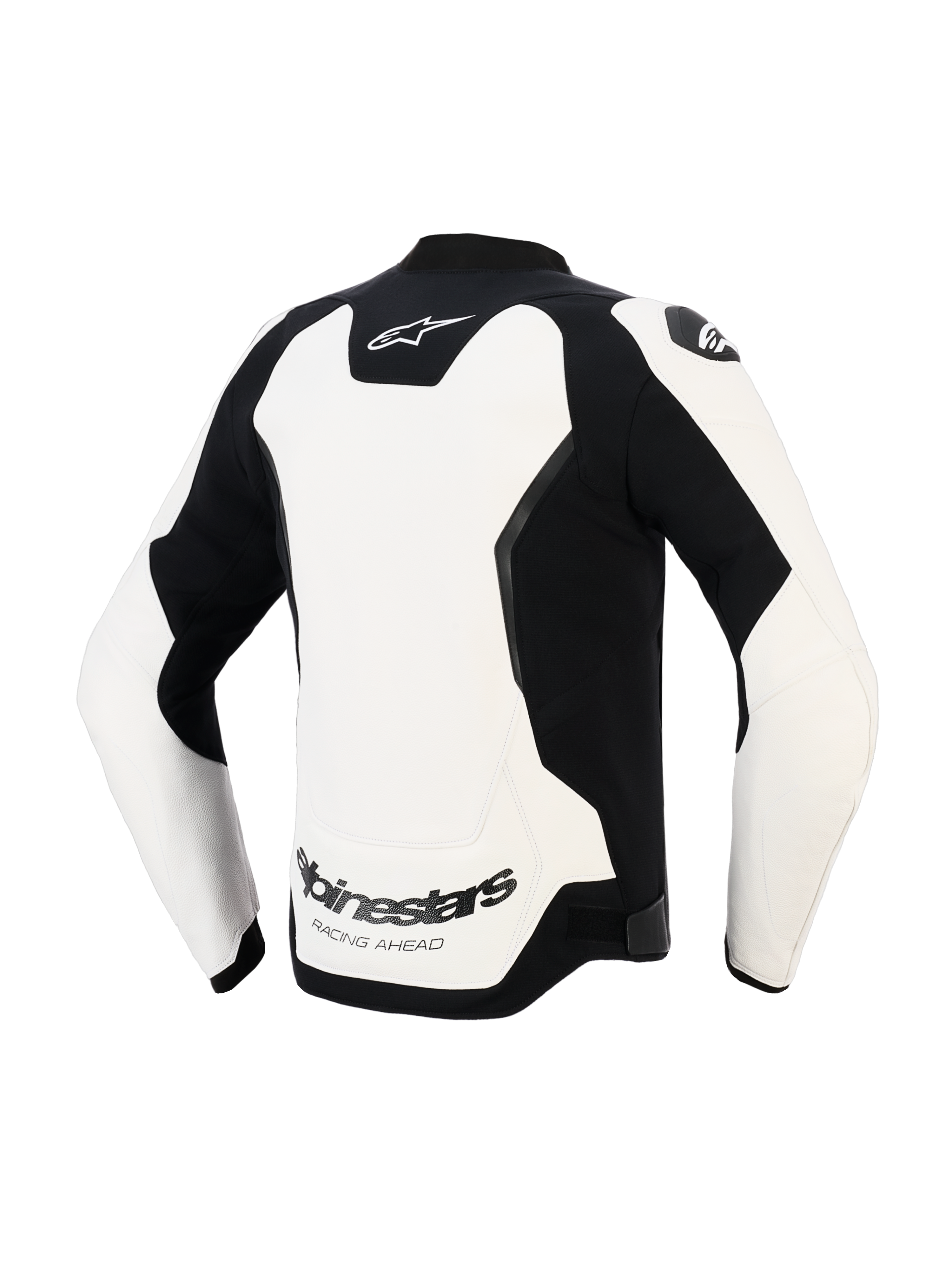Alpinestars GP Force V2 Leather Jacket, Rear View, White and Black, features a large white back panel with a black Alpinestars logo at the top and "RACING AHEAD" text on the lower back, sport-optimized leather motorcycle jacket with stretch inserts and protective shoulder shields.