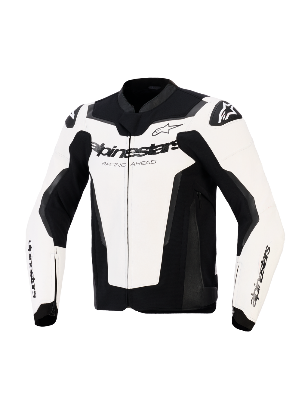 Alpinestars GP Force V2 Leather Jacket, Sport Motorcycle Jacket, White and Black, featuring Alpinestars branding and "Racing Ahead" text on the chest, multi-panel leather construction with padded shoulders and sleek racing profile