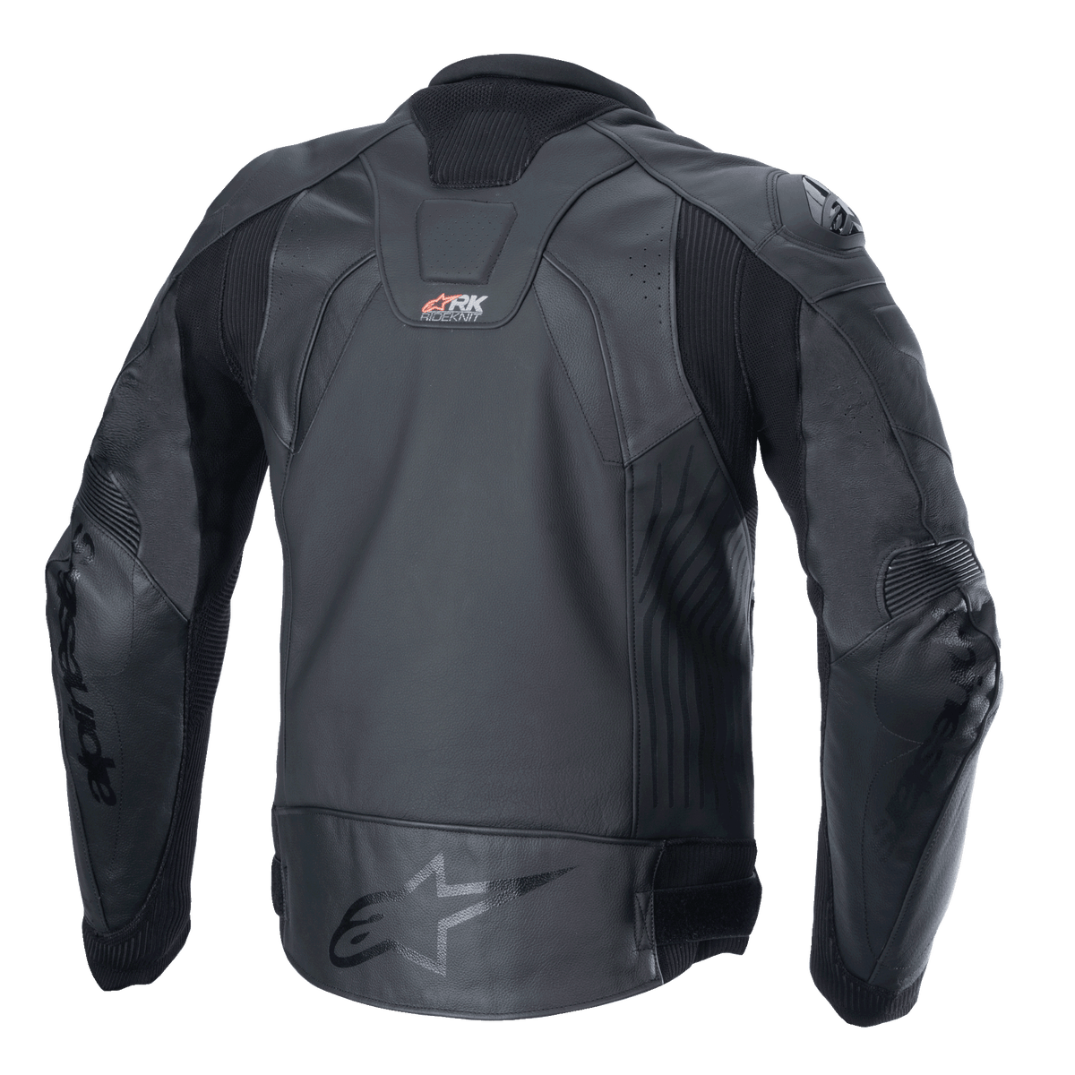 Giacca in pelle Alpinestars GP Plus R V4 Rideknit, nero, vista posteriore che mostra la costruzione tecnica in pelle, i pannelli elasticizzati RIDEKNIT e il logo Alpinestars sulla parte bassa della schiena.