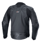 Giacca in pelle Alpinestars GP Plus R V4 Rideknit, nero, vista posteriore che mostra la costruzione tecnica in pelle, i pannelli elasticizzati RIDEKNIT e il logo Alpinestars sulla parte bassa della schiena.