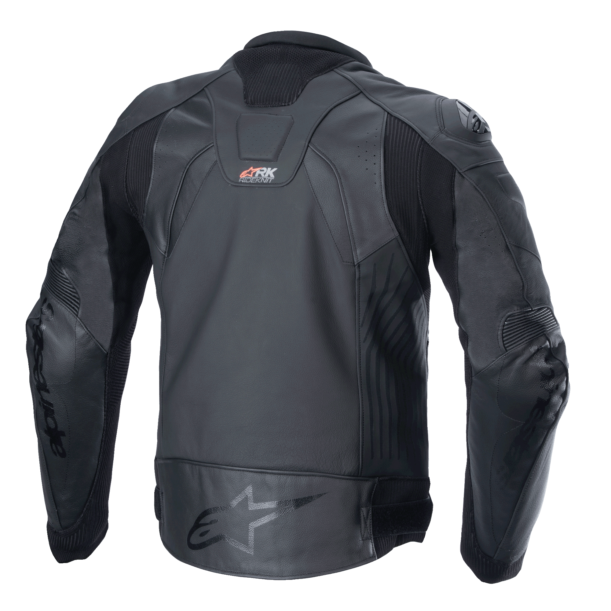 Giacca in pelle Alpinestars GP Plus R V4 Rideknit, nero, vista posteriore che mostra la costruzione tecnica in pelle, i pannelli elasticizzati RIDEKNIT e il logo Alpinestars sulla parte bassa della schiena.