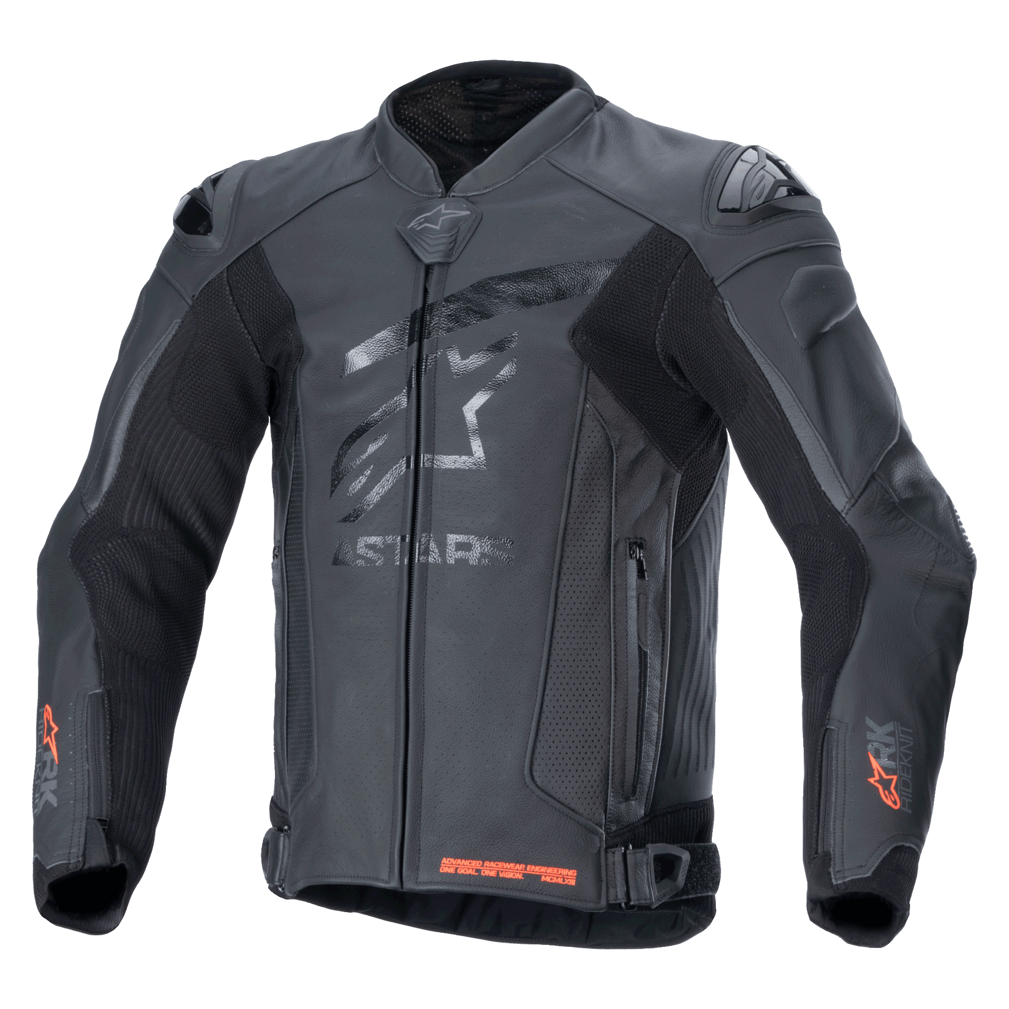 Alpinestars GP Plus R V4 Rideknit Leather Jacket, giacca moto professionale da corsa, nero, logo a stella tono su tono sul petto, dettagli Rideknit rossi sui polsini e sul bordo inferiore, pannelli di ventilazione traforati, slider per spalle DFS, struttura in pelle pregiata con tecnologia RIDEKNIT integrata