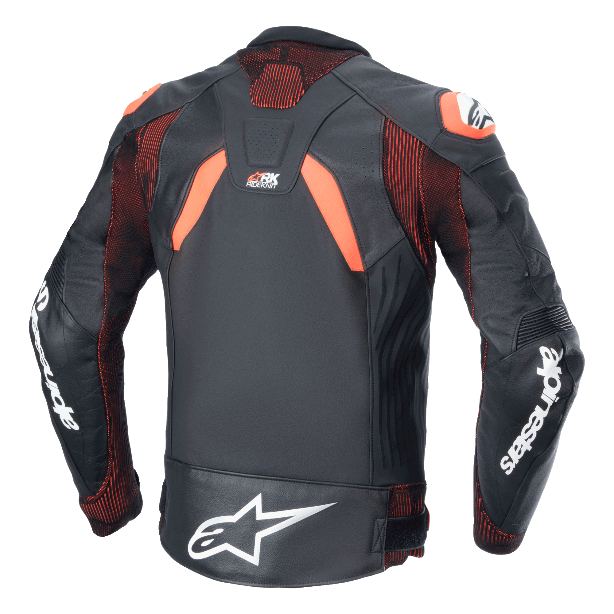 Giacca in pelle Alpinestars GP Plus R V4 Rideknit, nero, rosso fluo e bianco, vista posteriore, con pannelli tecnici elasticizzati RIDEKNIT® e costruzione in pelle premium, branding Alpinestars bianco sulle maniche e sulla parte bassa della schiena