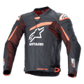 Giacca in pelle Alpinestars GP Plus R V4 Rideknit, giacca da moto racing nera e arancione con loghi bianchi, petto e braccia traforati, dettagli arancioni sulle spalle, zip frontale e cinghie regolabili in vita, design sportivo e resistente