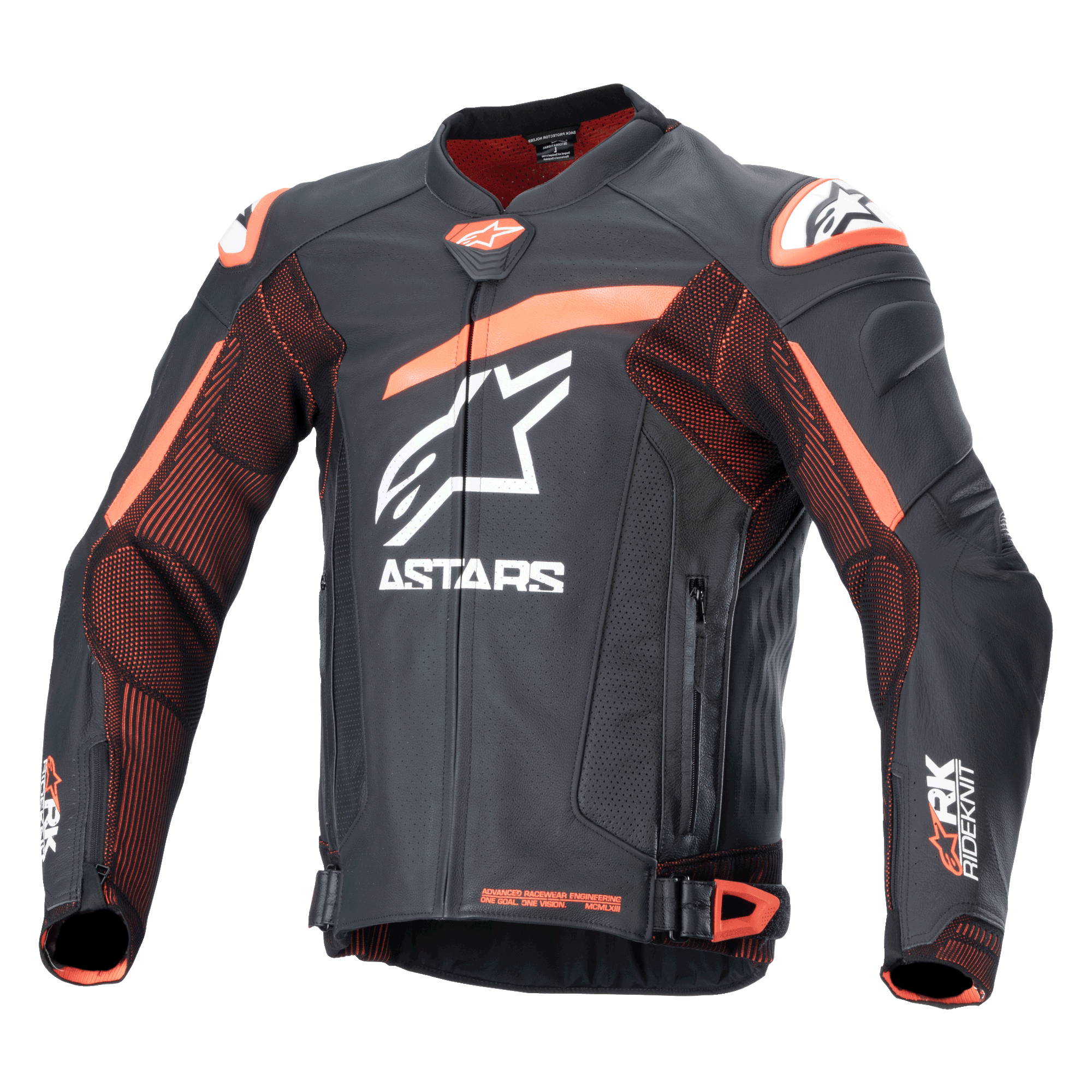 Giacca in pelle Alpinestars GP Plus R V4 Rideknit, giacca da moto racing nera e arancione con loghi bianchi, petto e braccia traforati, dettagli arancioni sulle spalle, zip frontale e cinghie regolabili in vita, design sportivo e resistente