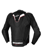 Alpinestars Giacca In Pelle Missile V3 Ignition, giacca da moto sportiva da uomo, vista posteriore, nera, bianca e rossa, con gobba aerodinamica e pregiata costruzione in pelle bovina