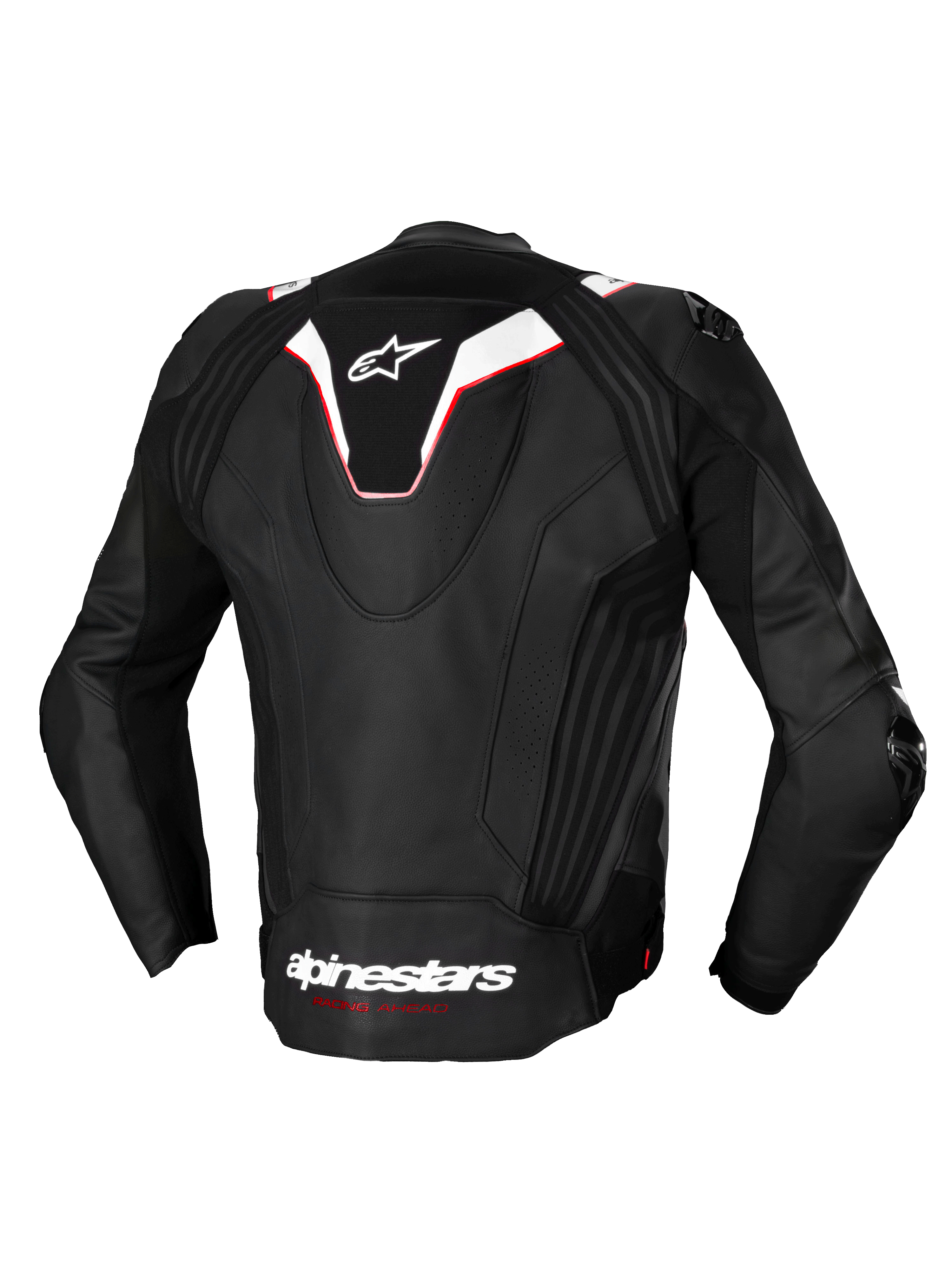 Alpinestars Giacca In Pelle Missile V3 Ignition, giacca da moto sportiva da uomo, vista posteriore, nera, bianca e rossa, con gobba aerodinamica e pregiata costruzione in pelle bovina