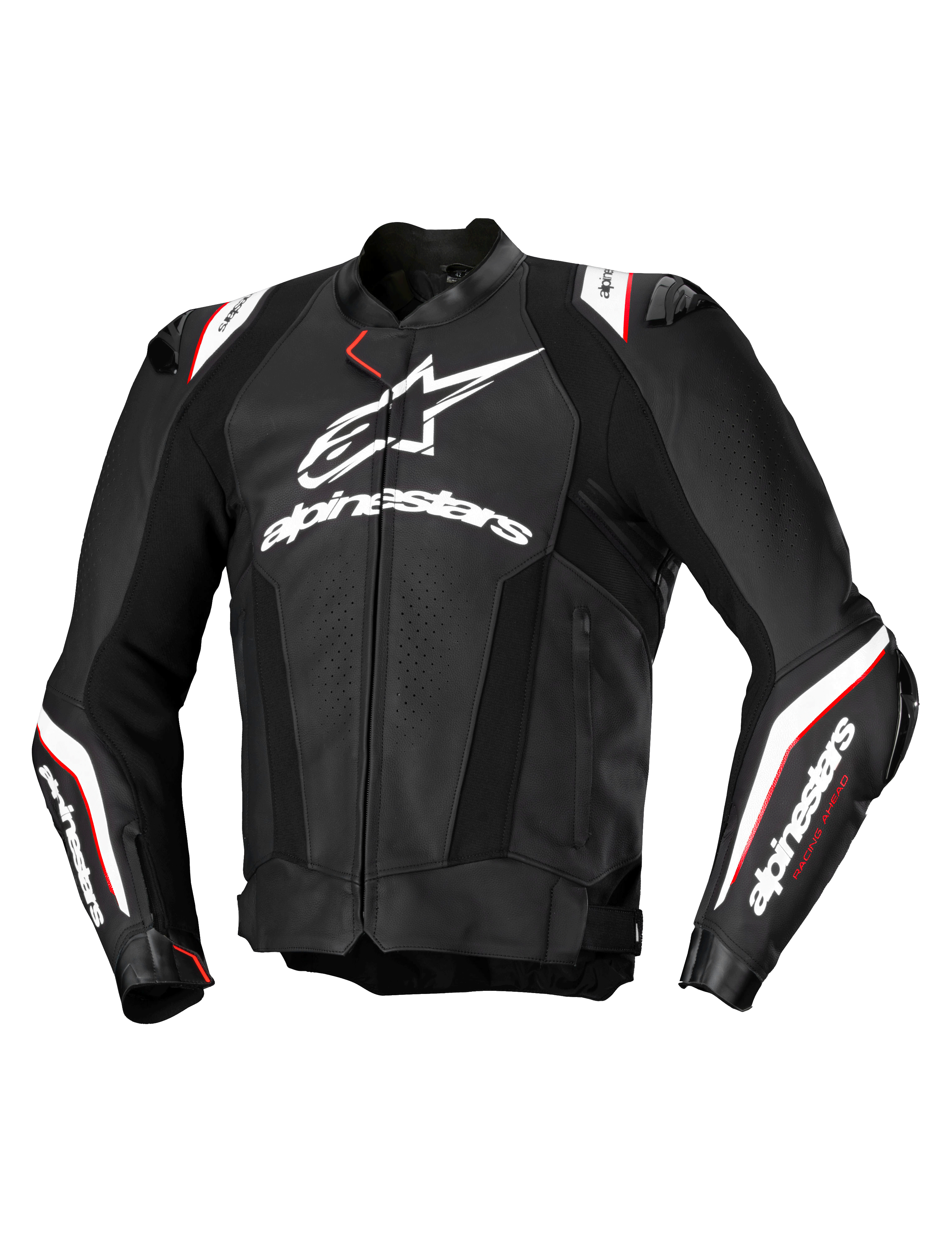Alpinestars Giacca In Pelle Missile V3 Ignition, giacca da moto sportiva da uomo, nera e bianca con dettagli rossi, in pregiata pelle bovina, certificata CE Classe AA