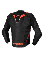 Alpinestars Giacca In Pelle Missile V3 Ignition, giacca da moto racing da uomo, nero e rosso fluo, certificata CE, in pregiata pelle bovina con gobba aerodinamica posteriore e inserti elasticizzati, vista posteriore