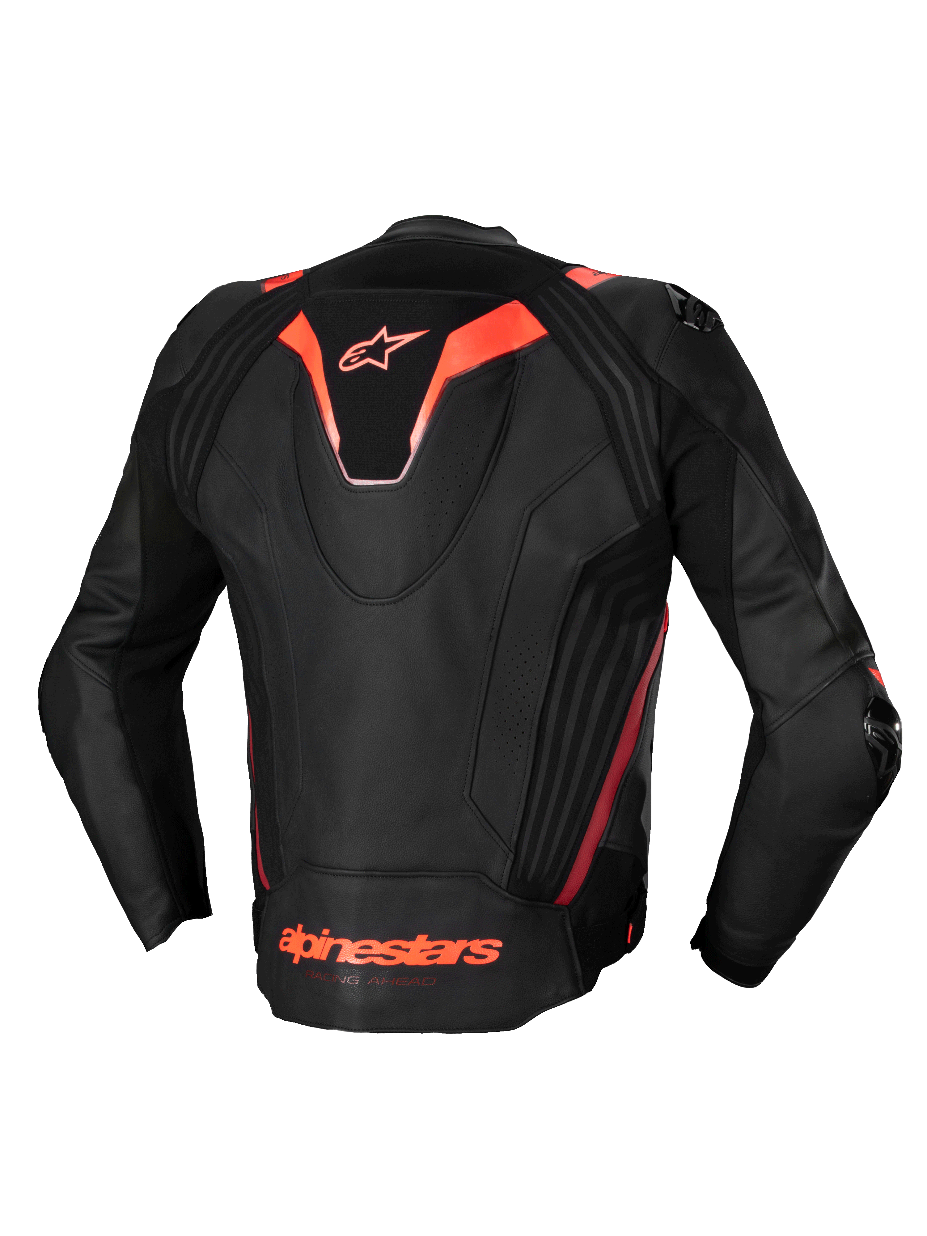 Alpinestars Giacca In Pelle Missile V3 Ignition, giacca da moto racing da uomo, nero e rosso fluo, certificata CE, in pregiata pelle bovina con gobba aerodinamica posteriore e inserti elasticizzati, vista posteriore