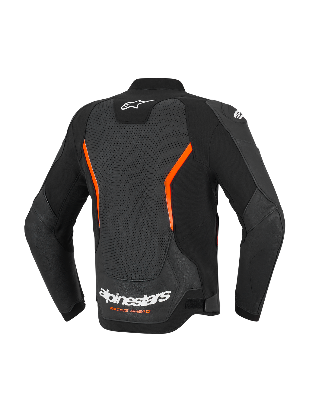 Giacca in pelle Alpinestars GP Force V2 Air, vista posteriore, nero e rosso fluo, con un ampio pannello posteriore traforato per la ventilazione, logo Alpinestars bianco e scritta 'Racing Ahead' sulla parte inferiore della schiena e maniche pre-curvate ergonomiche.