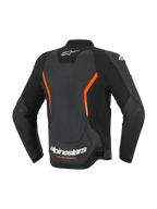 Giacca in pelle Alpinestars GP Force V2 Air, vista posteriore, nero e rosso fluo, con un ampio pannello posteriore traforato per la ventilazione, logo Alpinestars bianco e scritta 'Racing Ahead' sulla parte inferiore della schiena e maniche pre-curvate ergonomiche.