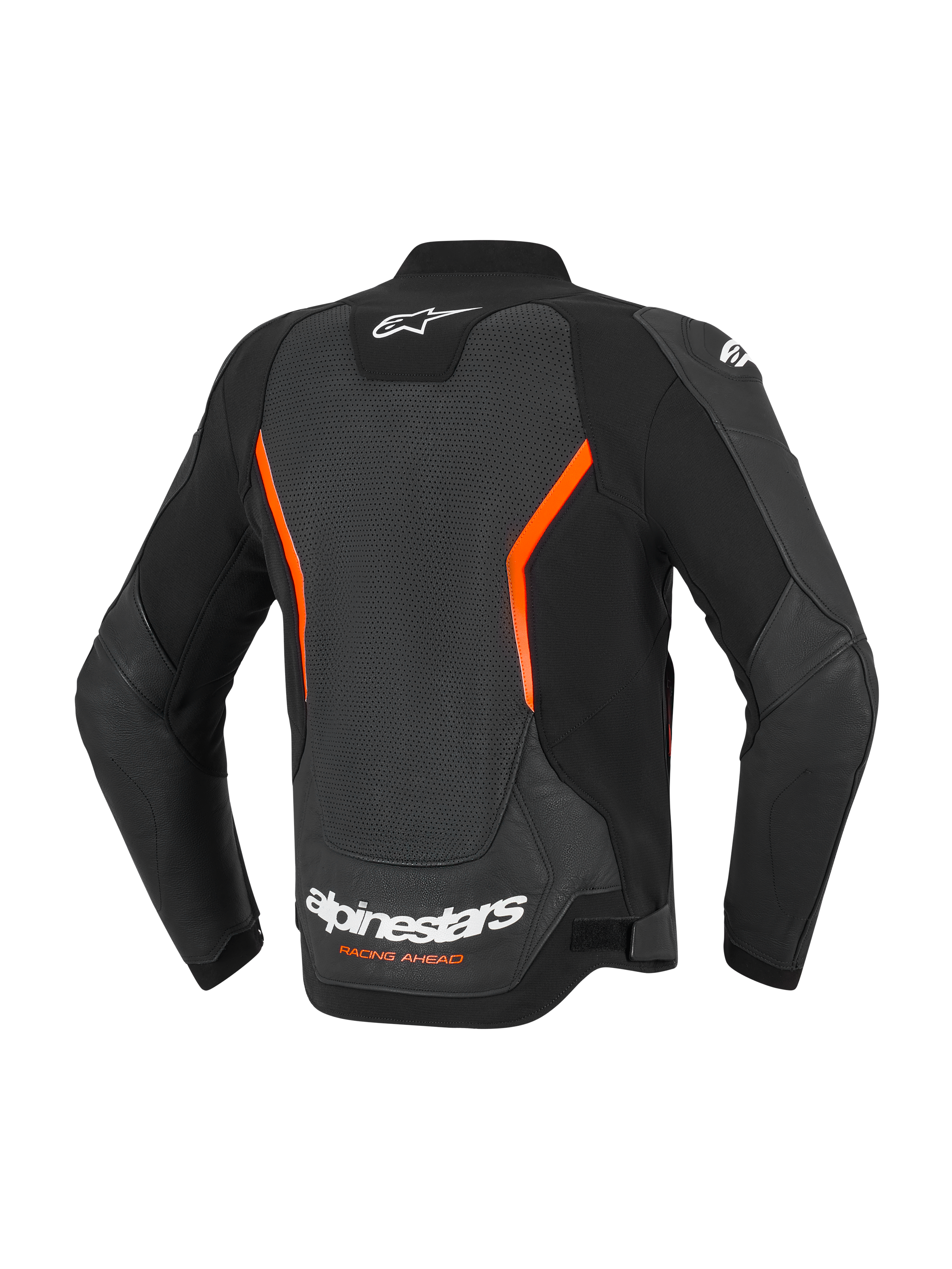 Giacca in pelle Alpinestars GP Force V2 Air, vista posteriore, nero e rosso fluo, con un ampio pannello posteriore traforato per la ventilazione, logo Alpinestars bianco e scritta 'Racing Ahead' sulla parte inferiore della schiena e maniche pre-curvate ergonomiche.