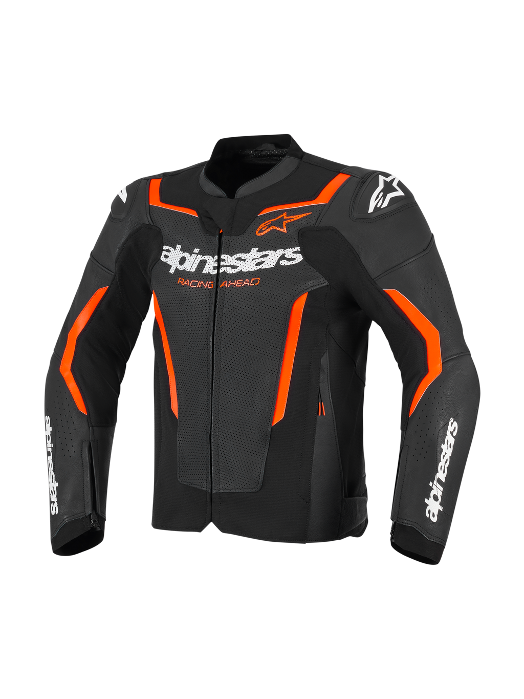 Alpinestars GP Force V2 Air Leather Jacket, giacca da moto in pelle traforata, nero e rosso fluo, con marchio Alpinestars bianco sul petto e sulle maniche, accenti arancione vivace e protezioni per le spalle integrate, vista frontale.