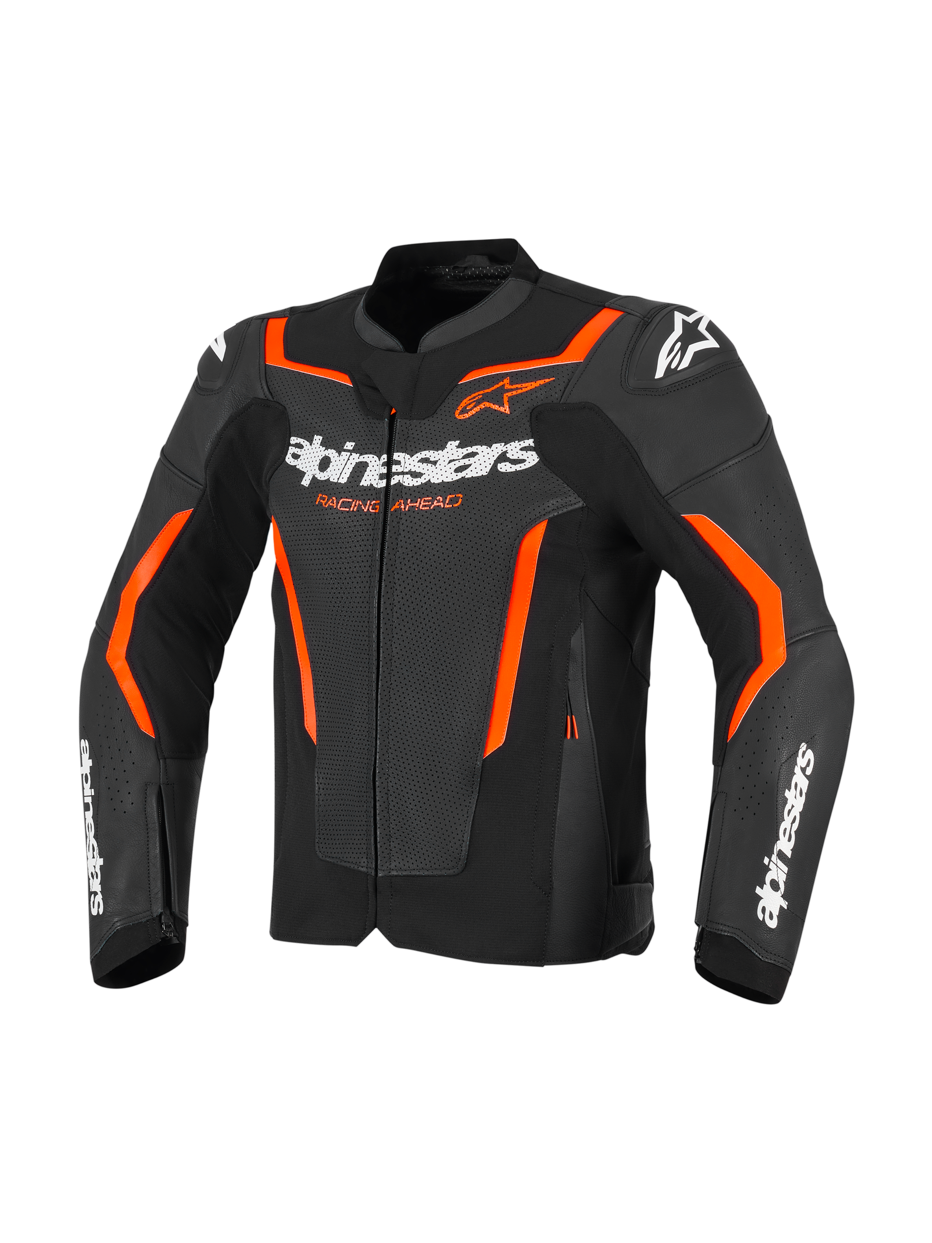 Alpinestars GP Force V2 Air Leather Jacket, giacca da moto in pelle traforata, nero e rosso fluo, con marchio Alpinestars bianco sul petto e sulle maniche, accenti arancione vivace e protezioni per le spalle integrate, vista frontale.