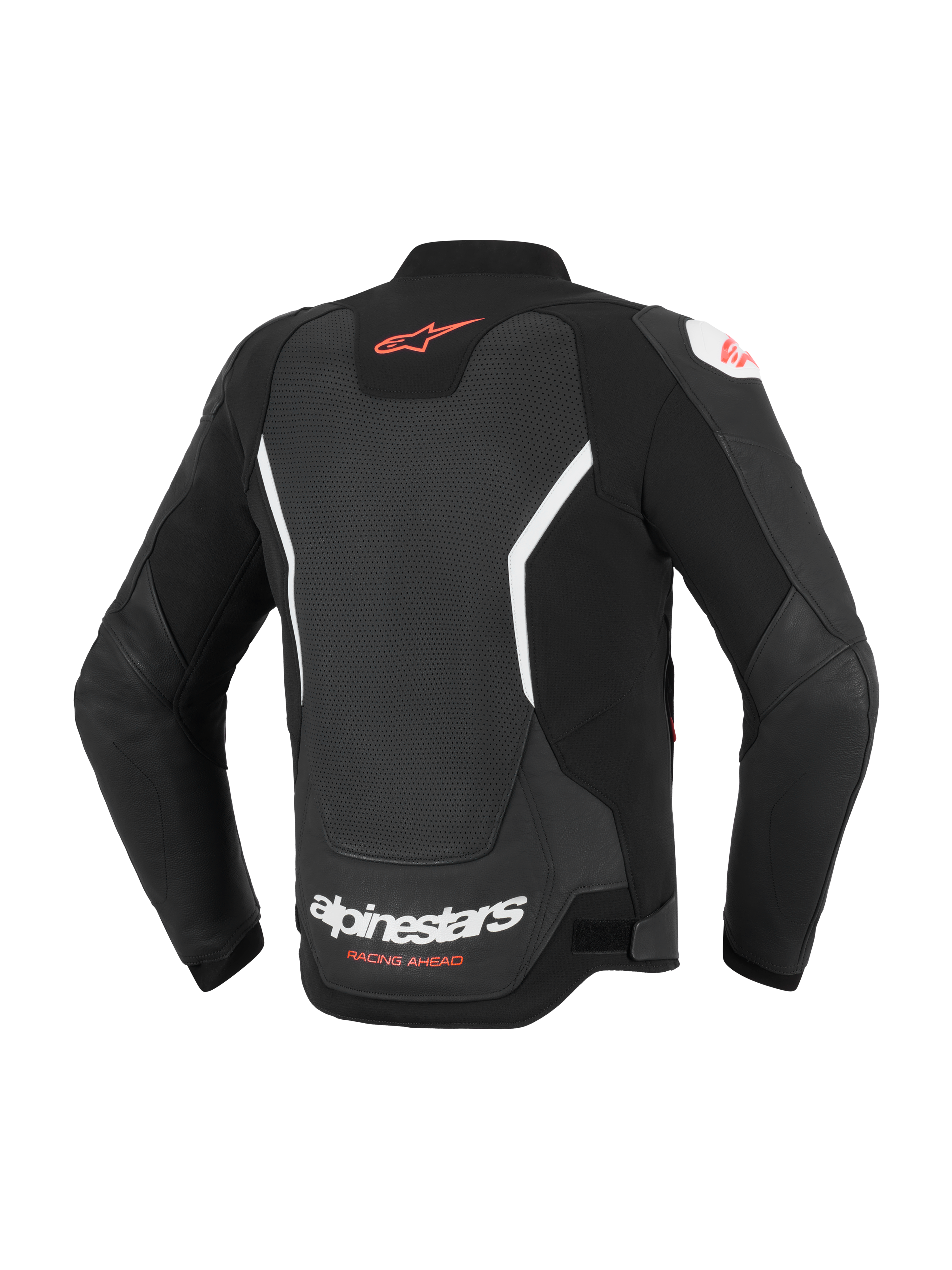 Giacca in pelle Alpinestars GP Force V2 Air, vista posteriore, nero e bianco, con ampio pannello posteriore traforato per la ventilazione, logo Alpinestars rosso sulla parte superiore della schiena, marchio bianco sulla parte inferiore della schiena, realizzata in pregiata pelle bovina per la guida sportiva