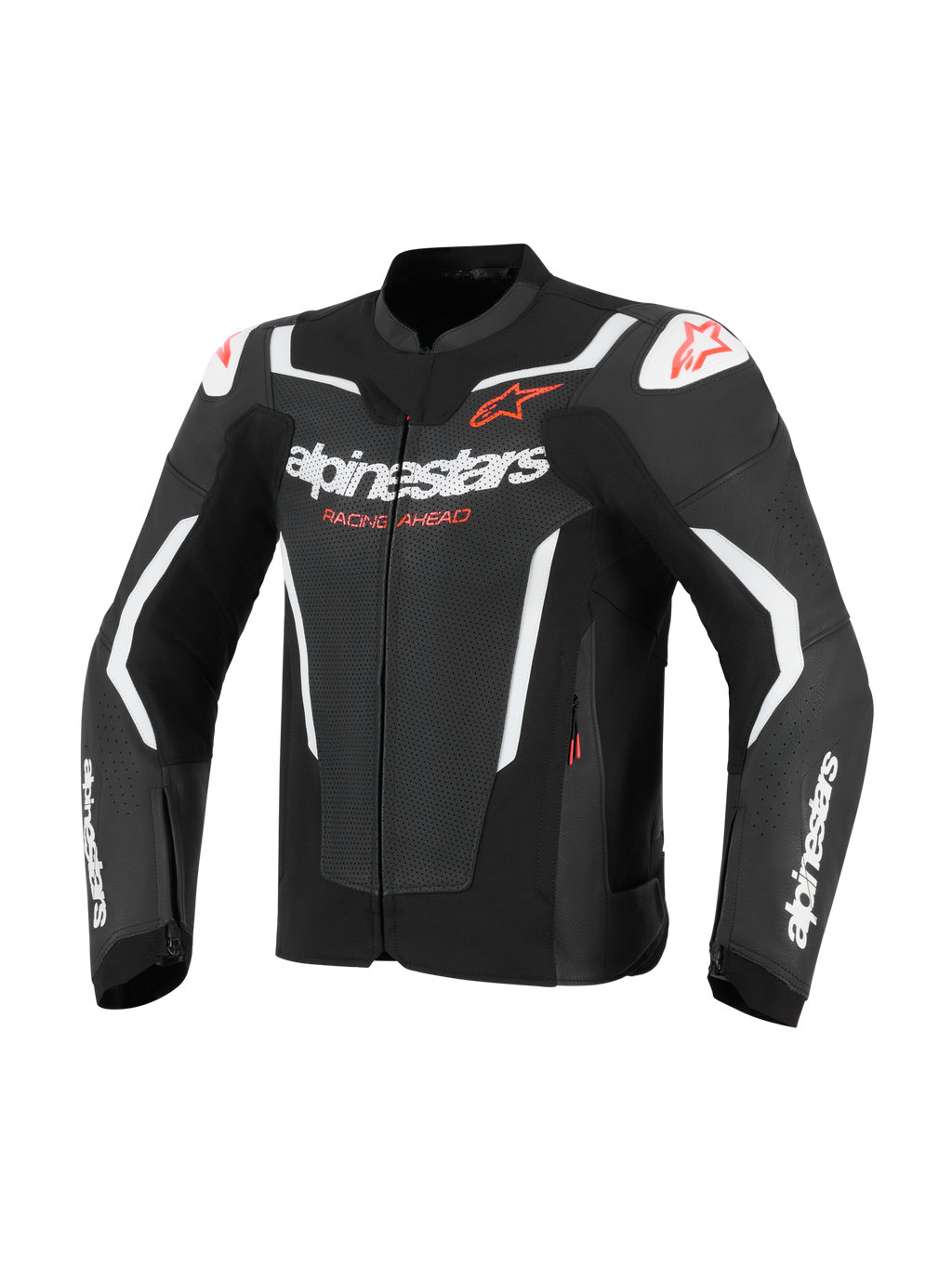 Giacca in pelle Alpinestars GP Force V2 Air, giacca da moto, nero e bianco con accenti rossi, caratterizzata da pannelli in pelle traforata per la ventilazione, loghi Alpinestars bianchi e scritta 'Racing Ahead', slider sulle spalle DFS, design racing sportivo