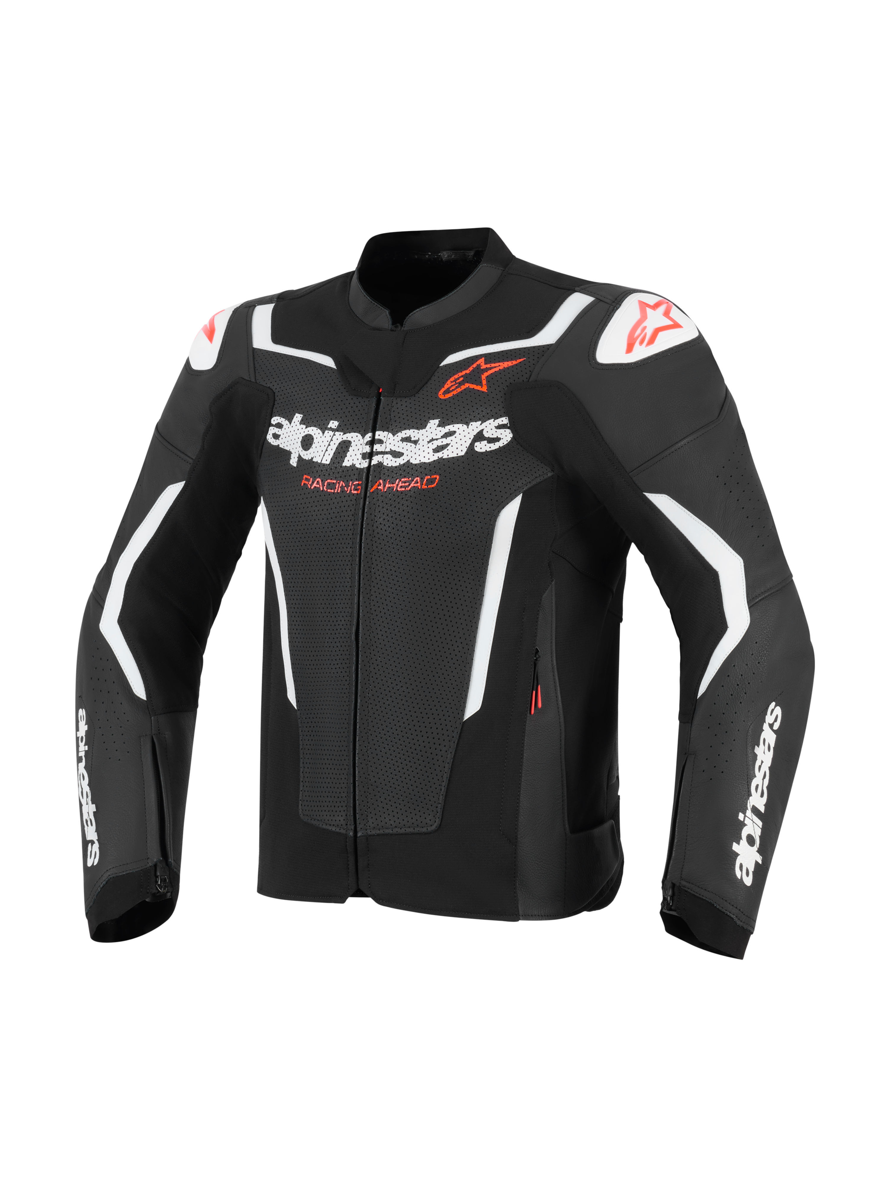 Giacca in pelle Alpinestars GP Force V2 Air, giacca da moto, nero e bianco con accenti rossi, caratterizzata da pannelli in pelle traforata per la ventilazione, loghi Alpinestars bianchi e scritta 'Racing Ahead', slider sulle spalle DFS, design racing sportivo