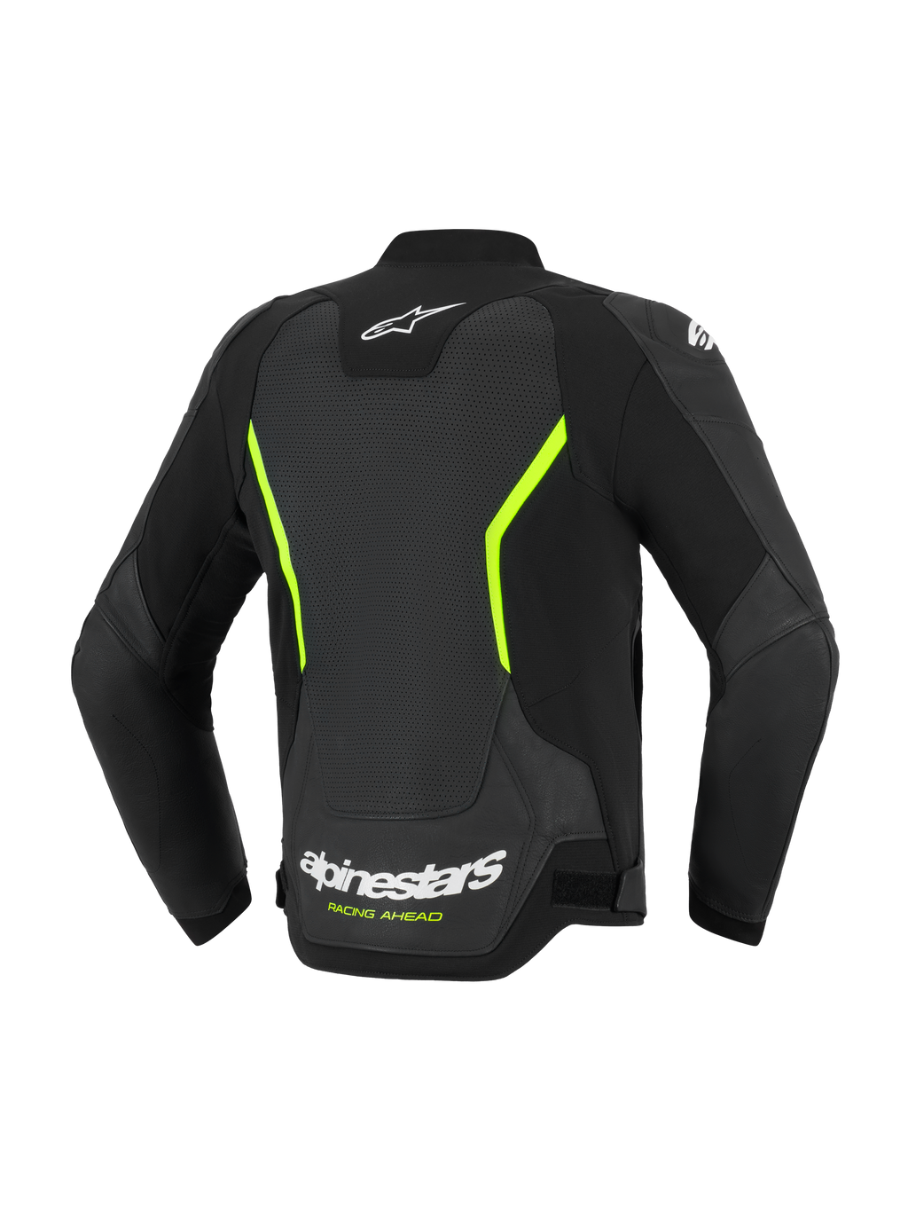 Giacca in pelle Alpinestars GP Force V2 Air, giacca da moto stradale, nero e giallo fluo, vista posteriore che mostra ampi pannelli in pelle traforata, loghi Alpinestars bianchi, vivaci accenti gialli e una vestibilità sportiva performante