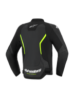Giacca in pelle Alpinestars GP Force V2 Air, giacca da moto stradale, nero e giallo fluo, vista posteriore che mostra ampi pannelli in pelle traforata, loghi Alpinestars bianchi, vivaci accenti gialli e una vestibilità sportiva performante