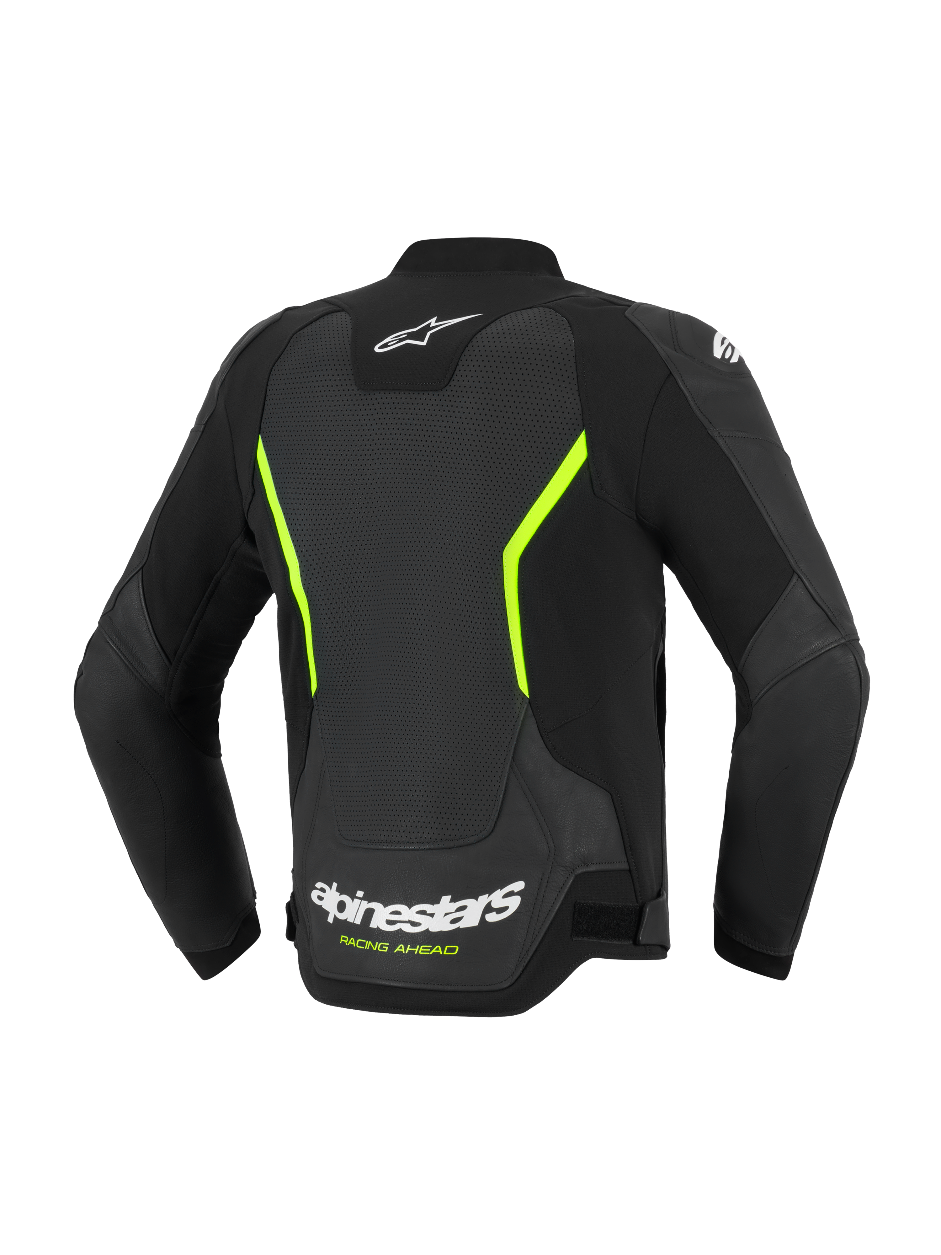 Giacca in pelle Alpinestars GP Force V2 Air, giacca da moto stradale, nero e giallo fluo, vista posteriore che mostra ampi pannelli in pelle traforata, loghi Alpinestars bianchi, vivaci accenti gialli e una vestibilità sportiva performante