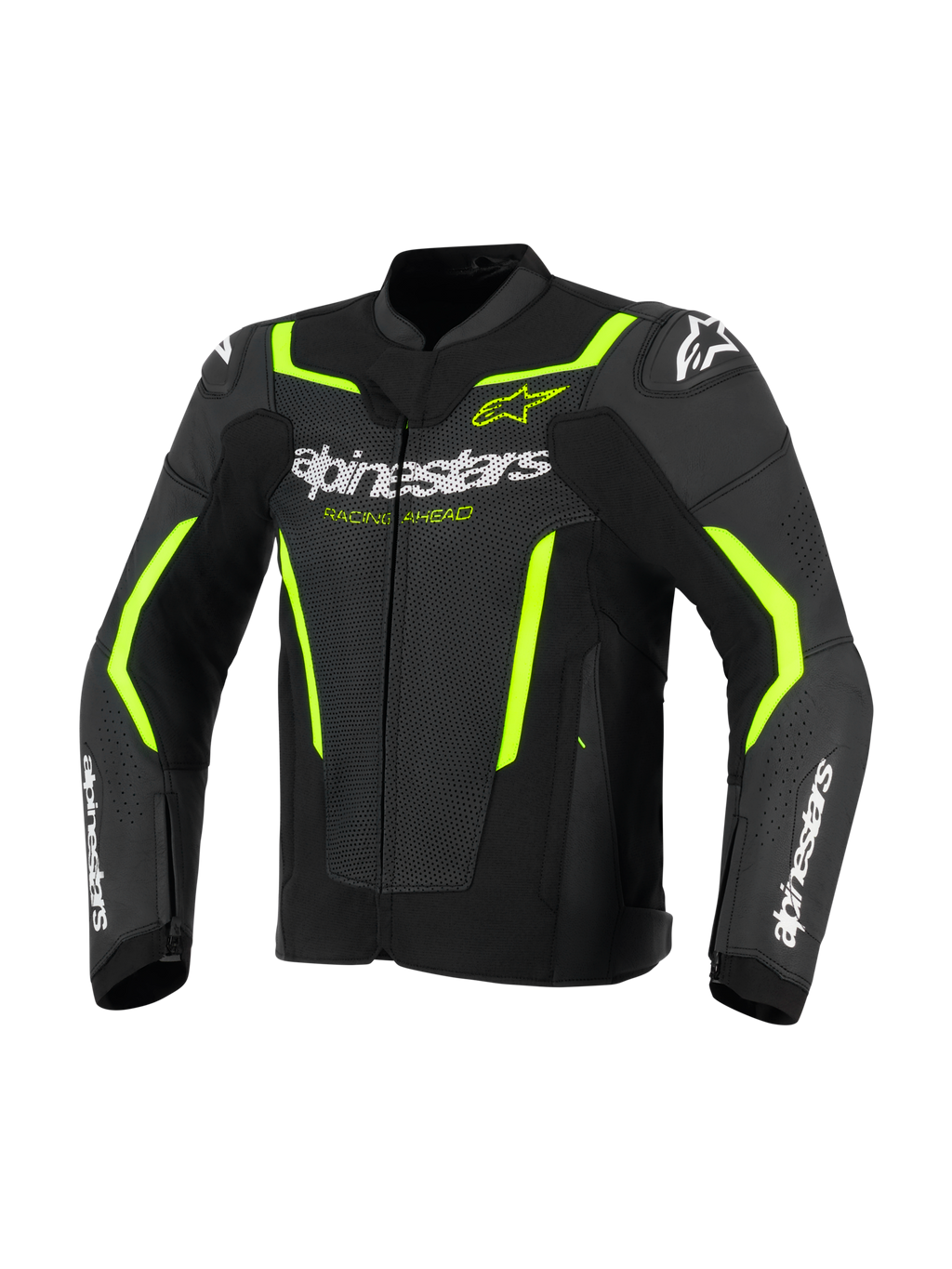 Giacca in pelle Alpinestars GP Force V2 Air, giacca da moto in pelle, nero e giallo fluo, con pannelli in pelle traforata per la ventilazione, logo Alpinestars bianco su petto e avambracci, e accenti giallo fluorescente su spalle e maniche per un look sportivo.