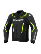 Giacca in pelle Alpinestars GP Force V2 Air, giacca da moto in pelle, nero e giallo fluo, con pannelli in pelle traforata per la ventilazione, logo Alpinestars bianco su petto e avambracci, e accenti giallo fluorescente su spalle e maniche per un look sportivo.