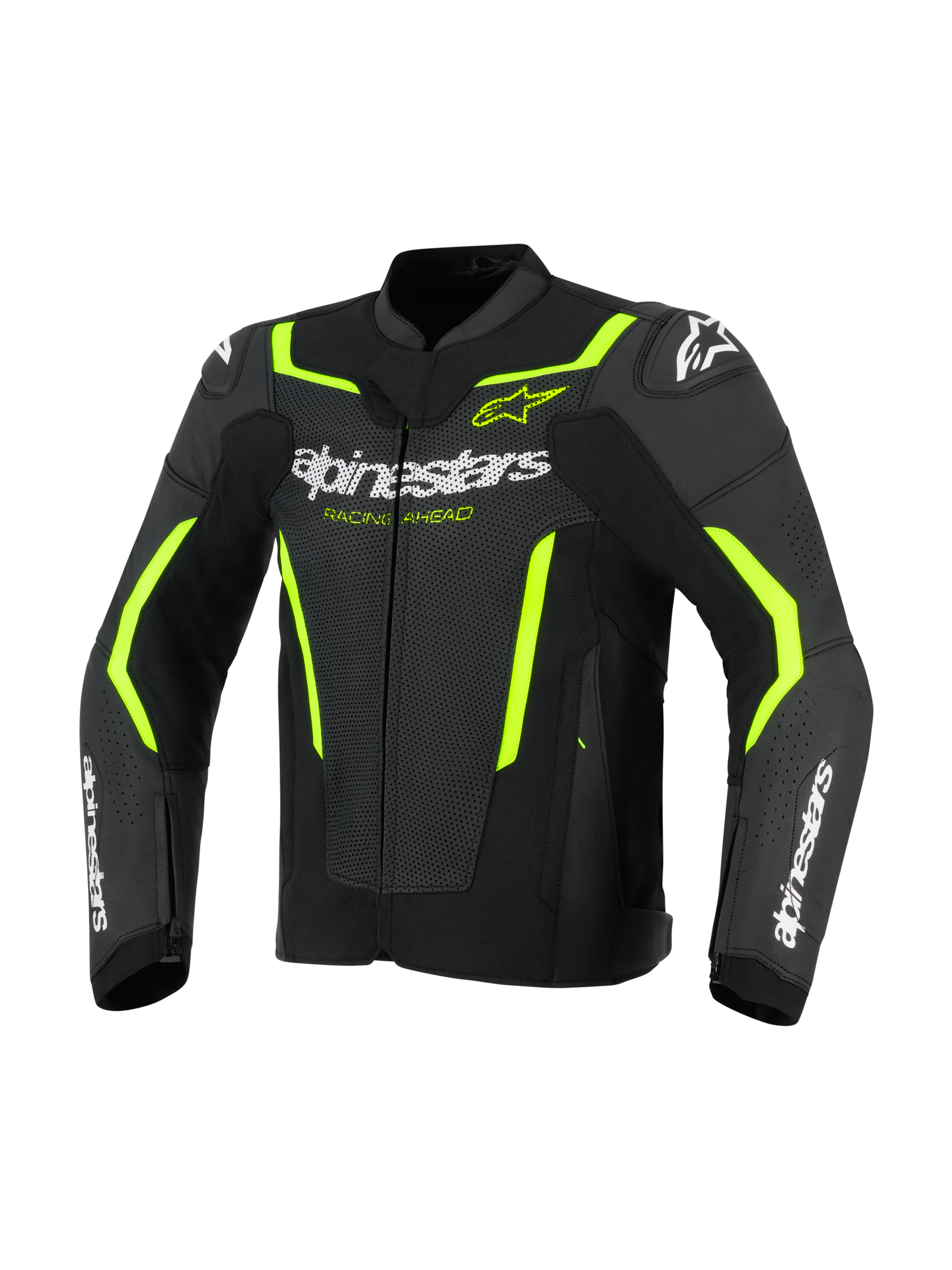 Giacca in pelle Alpinestars GP Force V2 Air, giacca da moto in pelle, nero e giallo fluo, con pannelli in pelle traforata per la ventilazione, logo Alpinestars bianco su petto e avambracci, e accenti giallo fluorescente su spalle e maniche per un look sportivo.