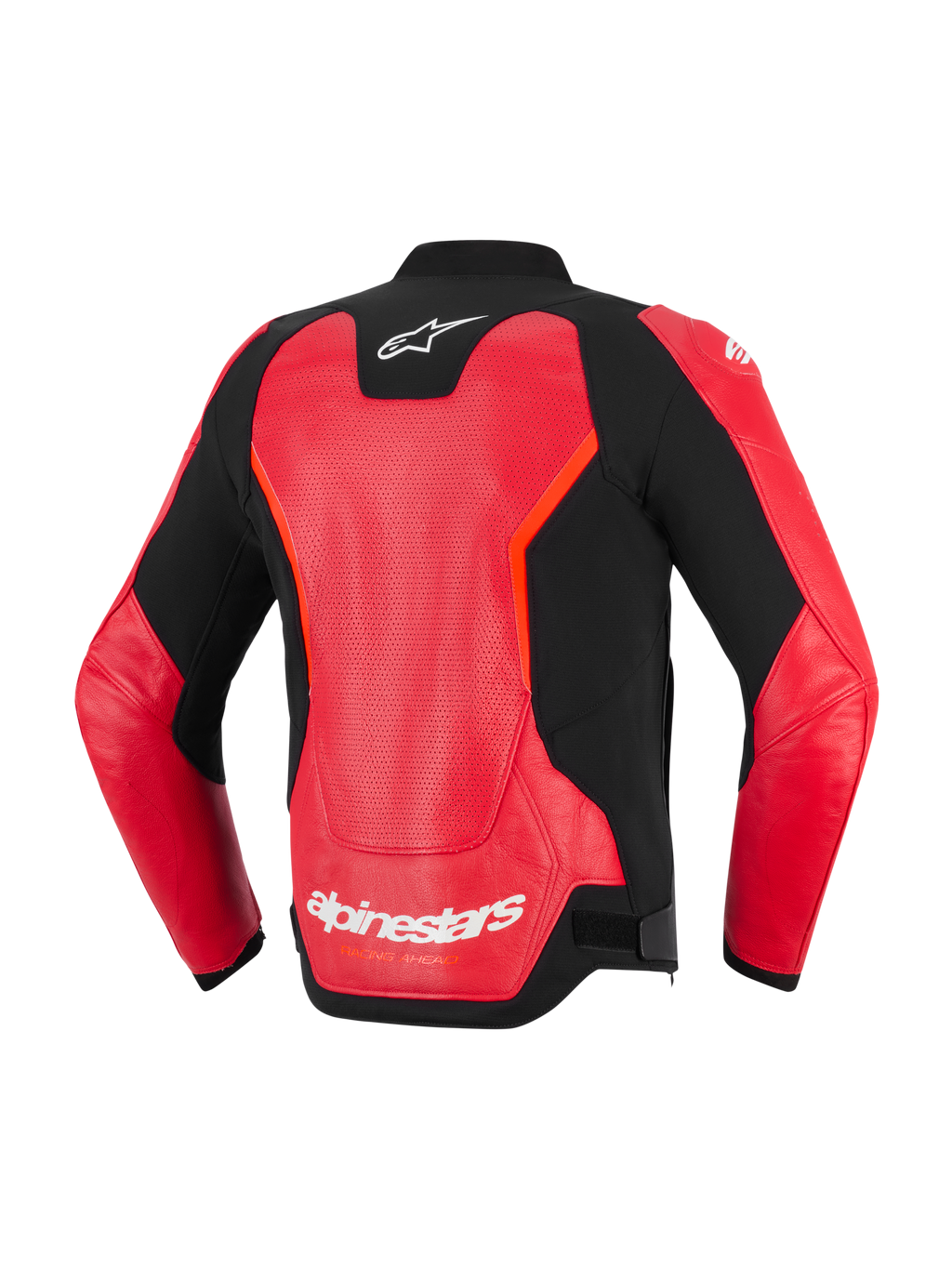 Giacca in pelle Alpinestars GP Force V2 Air, vista posteriore, rosso e nero, con un ampio pannello in pelle traforata per la ventilazione, logo Alpinestars bianco sul collo e sulla parte inferiore della schiena, design sportivo per guida su strada