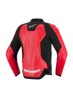 Giacca in pelle Alpinestars GP Force V2 Air, vista posteriore, rosso e nero, con un ampio pannello in pelle traforata per la ventilazione, logo Alpinestars bianco sul collo e sulla parte inferiore della schiena, design sportivo per guida su strada