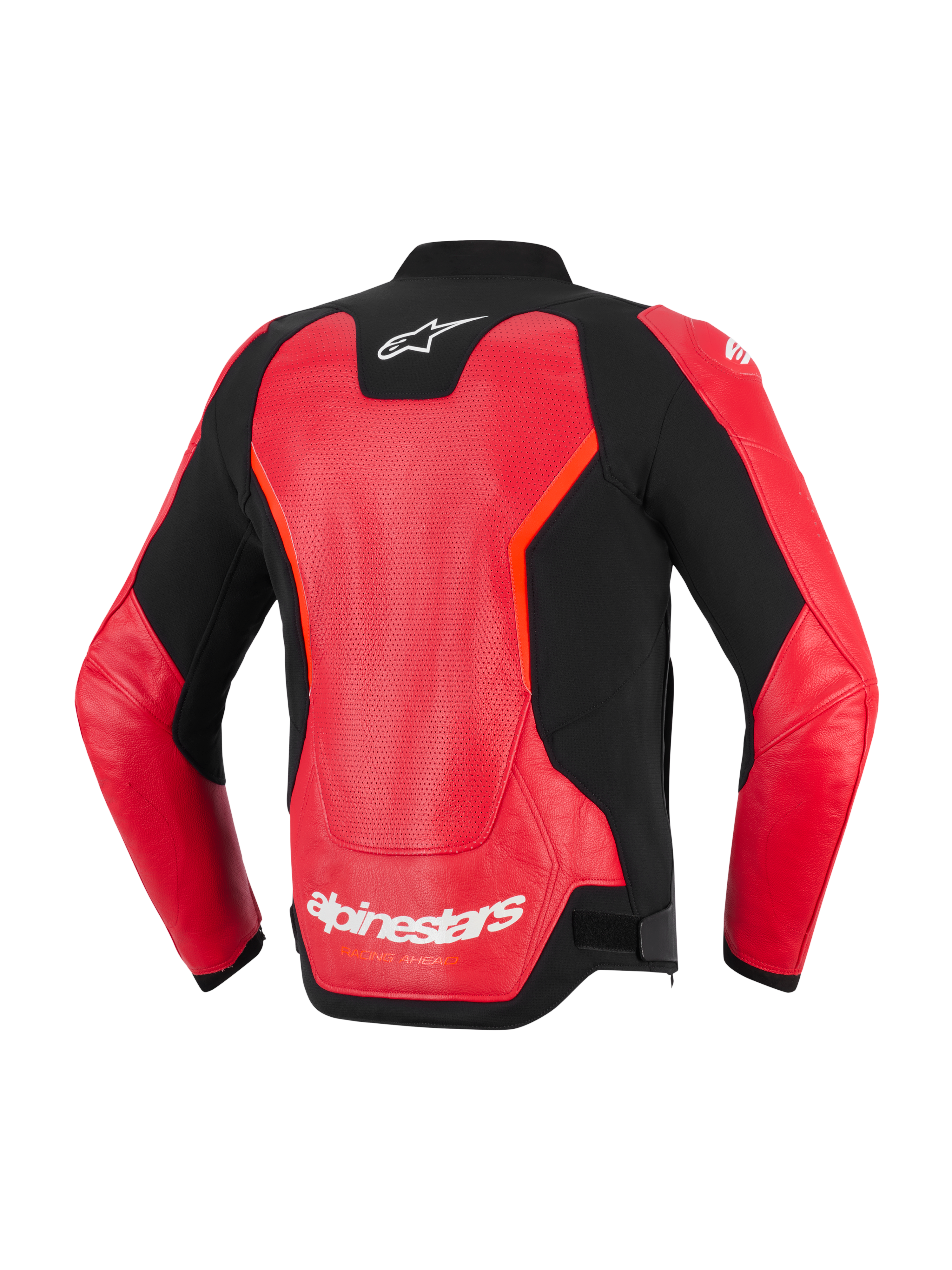 Giacca in pelle Alpinestars GP Force V2 Air, vista posteriore, rosso e nero, con un ampio pannello in pelle traforata per la ventilazione, logo Alpinestars bianco sul collo e sulla parte inferiore della schiena, design sportivo per guida su strada