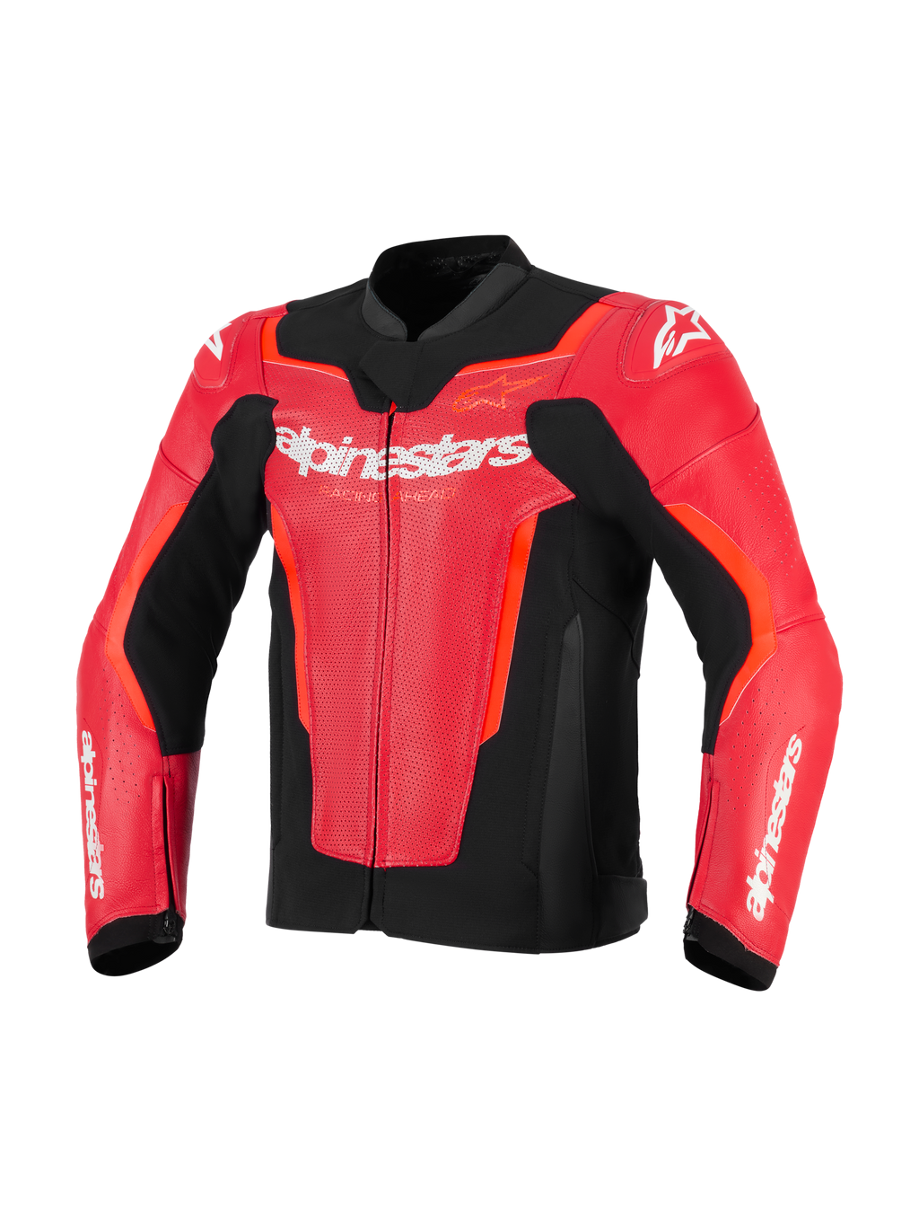 Alpinestars GP Force V2 Air Leather Jacket, rosso e rosso fluo con dettagli neri, pelle traforata per la ventilazione, logo Alpinestars bianco sul petto, abbigliamento sportivo da moto racing