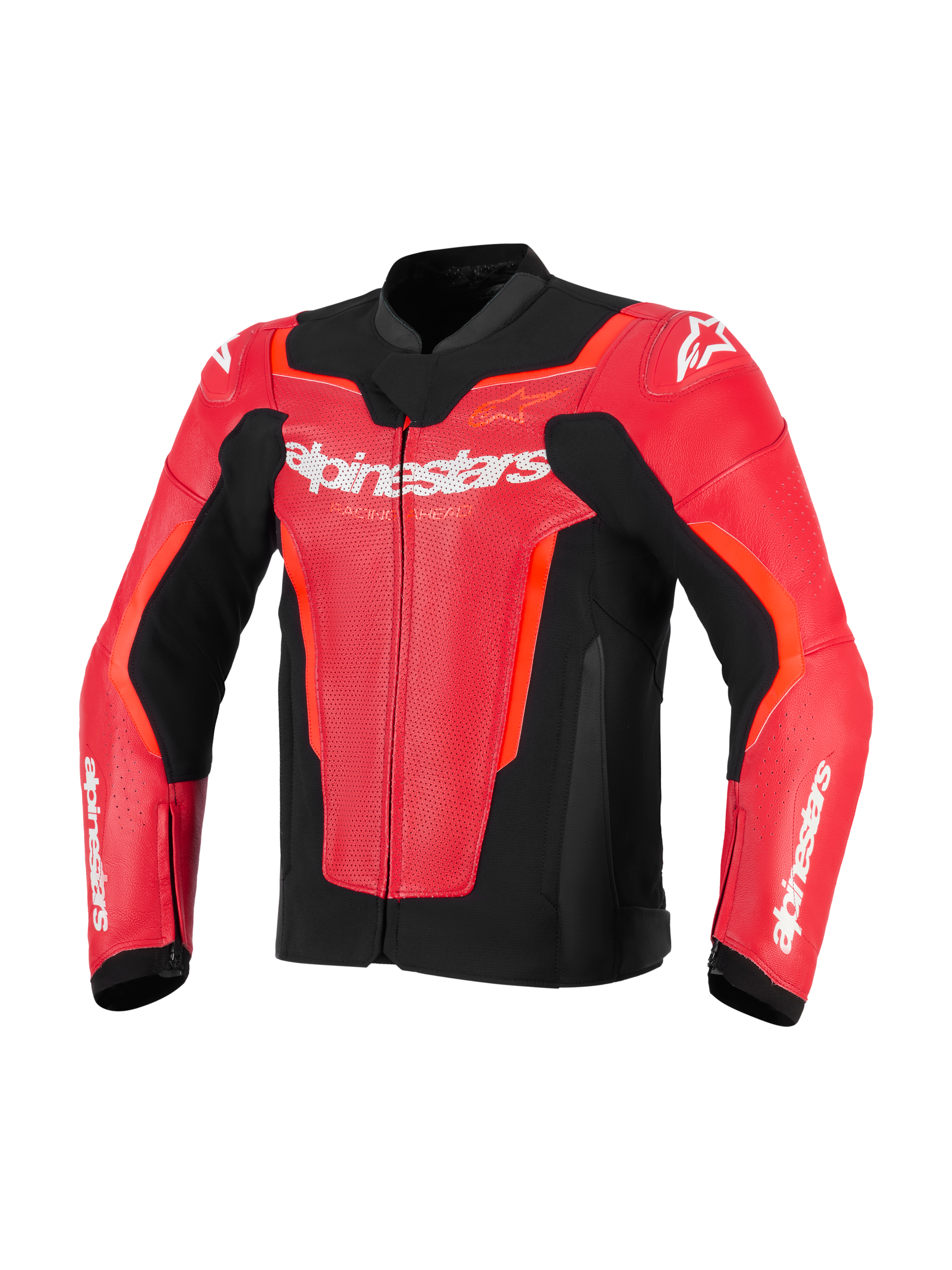 Alpinestars GP Force V2 Air Leather Jacket, rosso e rosso fluo con dettagli neri, pelle traforata per la ventilazione, logo Alpinestars bianco sul petto, abbigliamento sportivo da moto racing