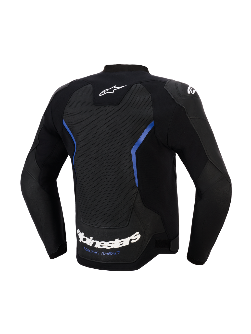 Giacca in pelle Alpinestars GP Force V2 Airflow, vista posteriore, nero e blu metallizzato, ampio pannello posteriore in pelle traforata per la ventilazione, scritta Alpinestars bianca e slogan 'RACING AHEAD' sul bordo inferiore, abbigliamento tecnico professionale per guida sportiva