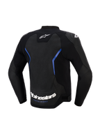 Giacca in pelle Alpinestars GP Force V2 Airflow, vista posteriore, nero e blu metallizzato, ampio pannello posteriore in pelle traforata per la ventilazione, scritta Alpinestars bianca e slogan 'RACING AHEAD' sul bordo inferiore, abbigliamento tecnico professionale per guida sportiva