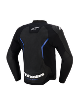 Giacca in pelle Alpinestars GP Force V2 Airflow, vista posteriore, nero e blu metallizzato, ampio pannello posteriore in pelle traforata per la ventilazione, scritta Alpinestars bianca e slogan 'RACING AHEAD' sul bordo inferiore, abbigliamento tecnico professionale per guida sportiva